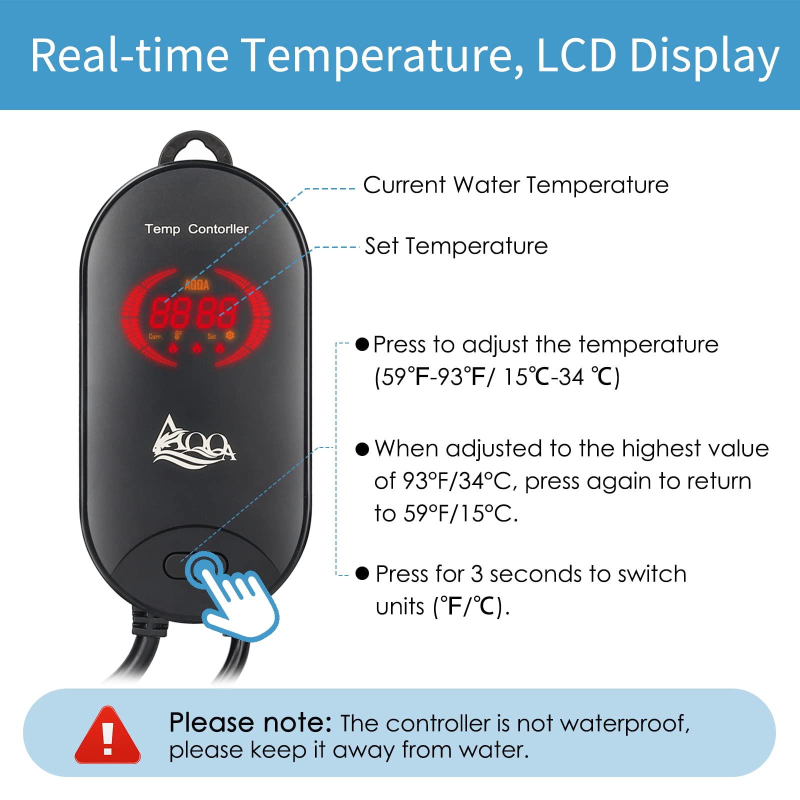 AQQA 800W Submersible Aquarium Heater with LED Display - Explosion-Proof Quartz Tubes for 80-220 Gallon Fish Tanks (Saltwater & Freshwater) - Perfect for Marine & Tropical Fish Tanks