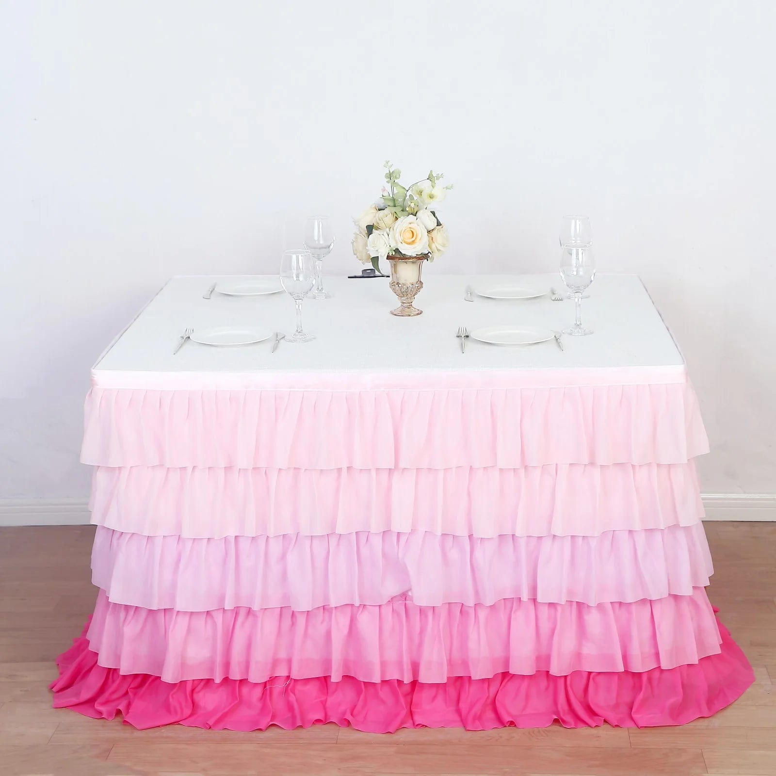 14 ft Chiffon 5 Tier Ruffled Tutu Table Skirt with Satin Backing - Elegant Party Decor for Weddings, Baby Showers & Banquets