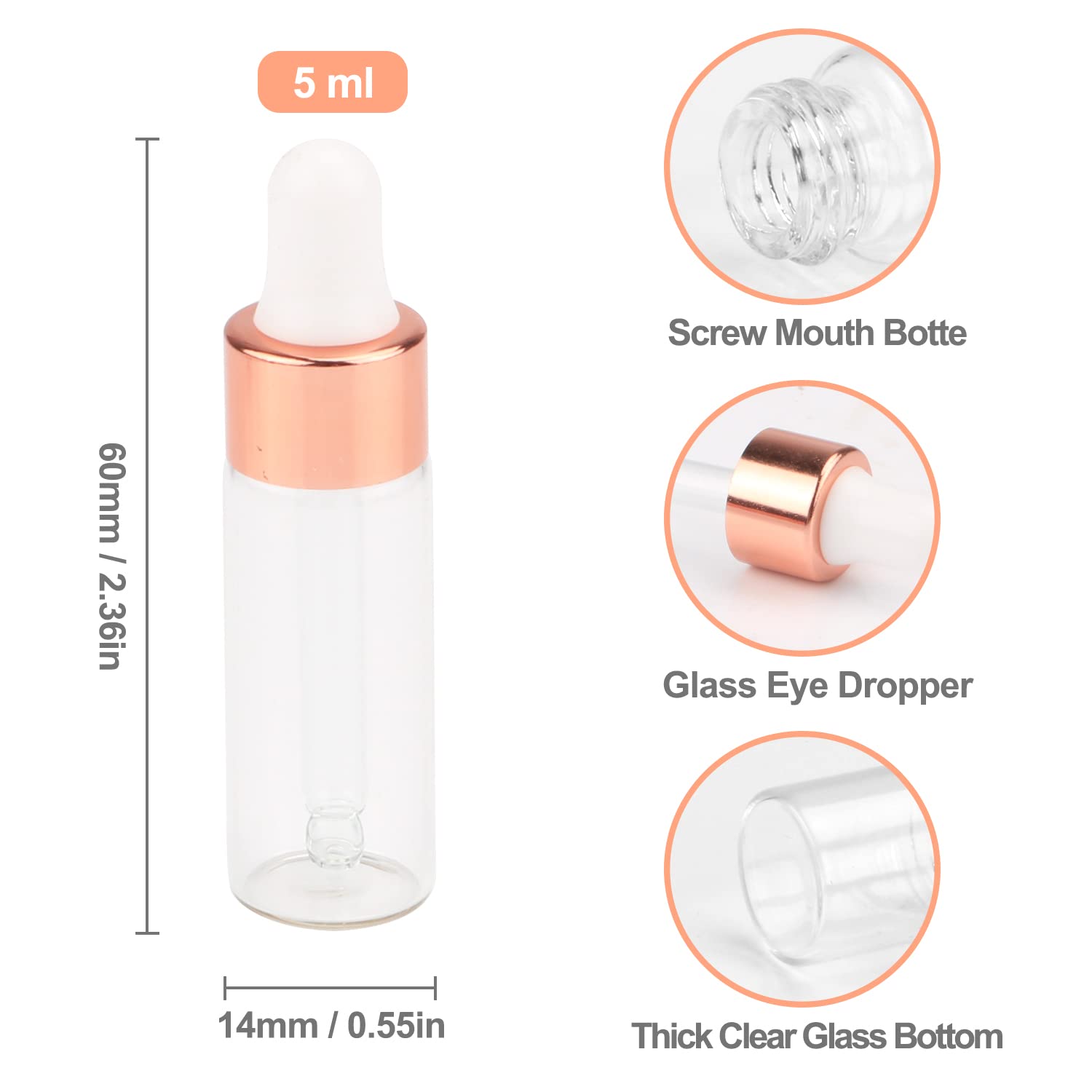 50 Pack Clear Glass Dropper Bottles with Rose Gold Lids - 5ml (1/6oz) Essential Oil Bottles, Perfume Sample Vials, DIY Cosmetic Containers - Includes 2 Pipettes for Travel, Aromatherapy & Skincare Storage