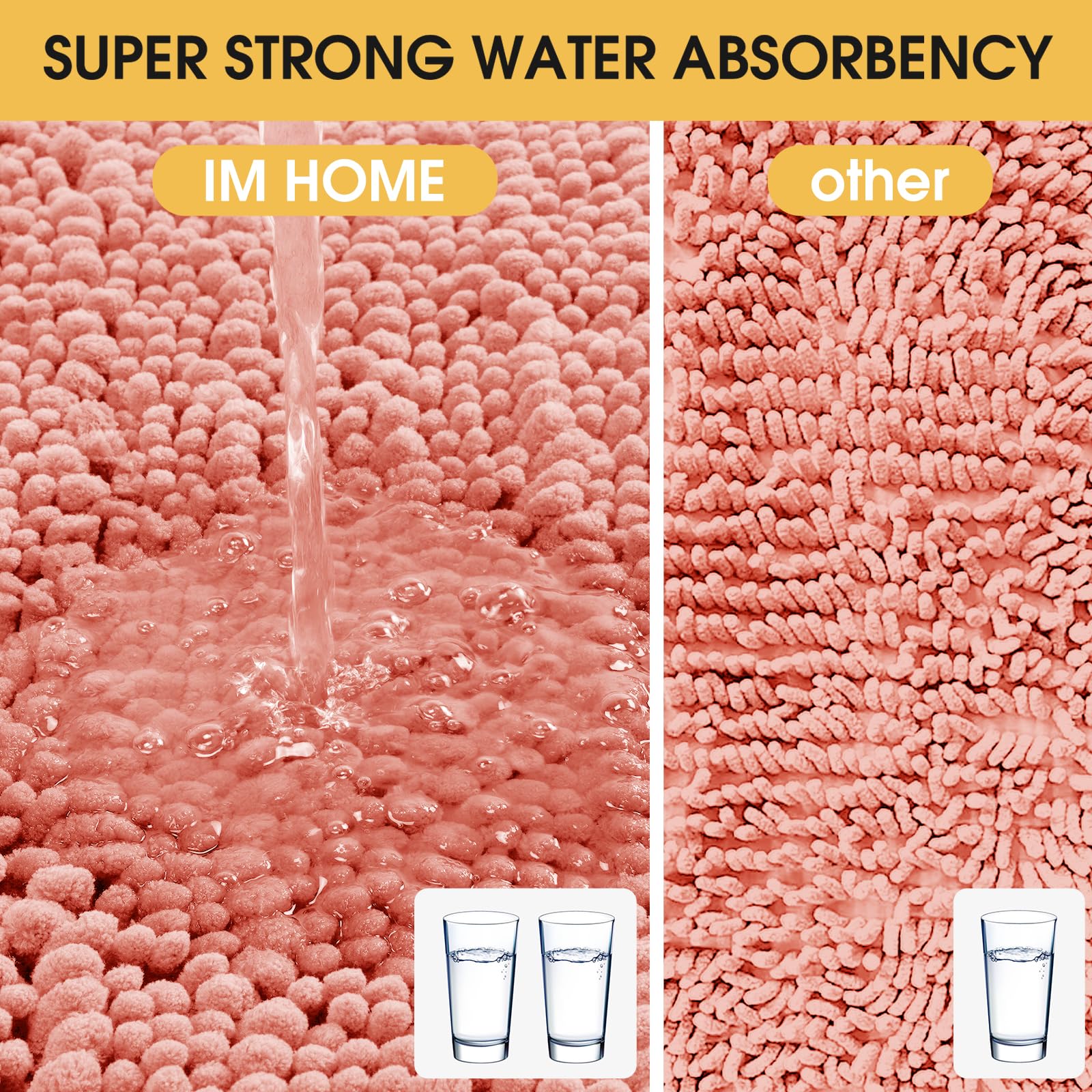ACCUMTEK Extra Large 3-Piece Coral Bathroom Rug Set - Ultra Soft, Thick Absorbent Non-Slip Chenille Bath Mats for Bathroom, Bedroom & Kitchen - Perfect for Spa-Like Comfort and Home Decor