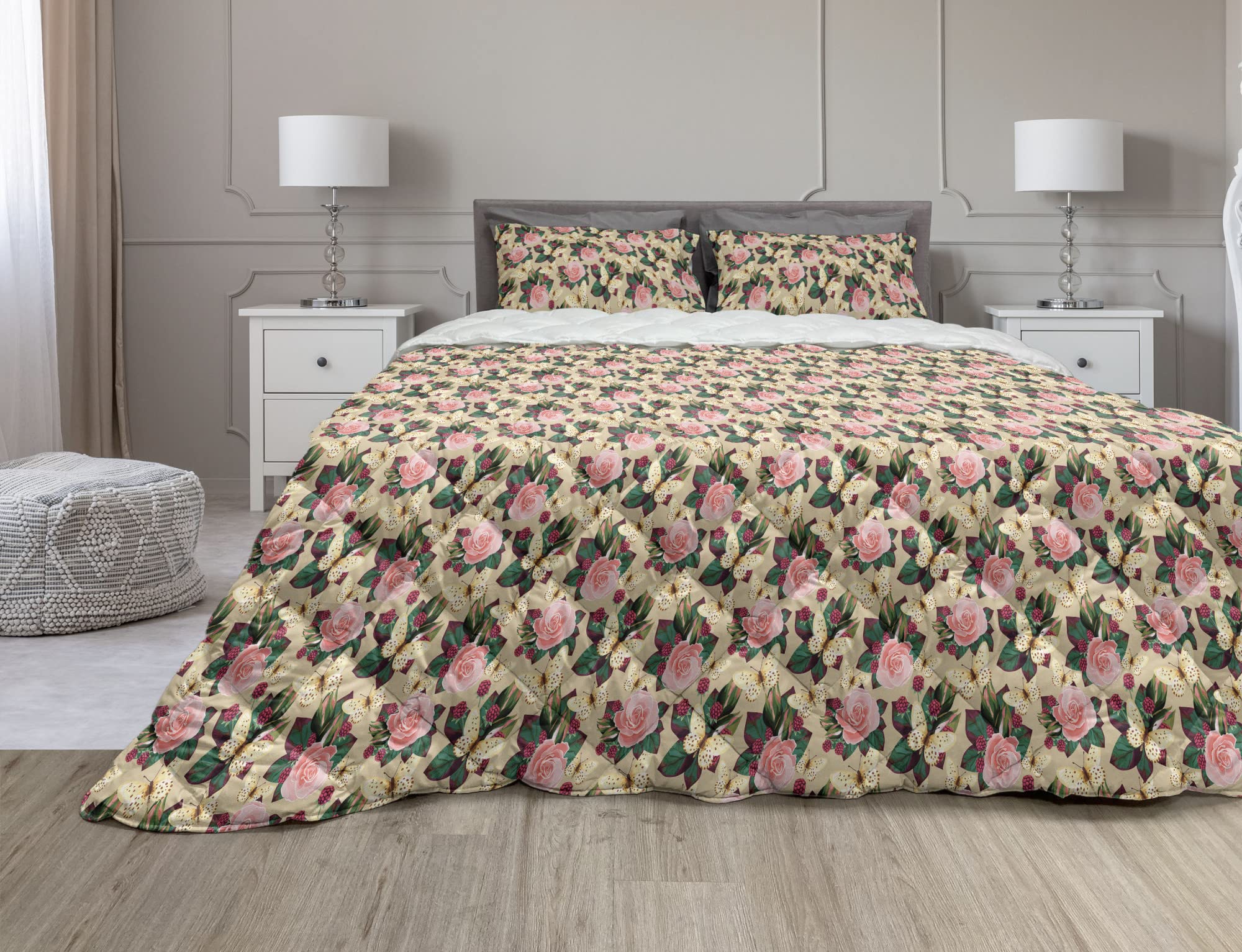 Ambesonne Floral Comforter & Sham Bedding Set - Rhythmic Rose Flower Blossoms with Leaves Berries Twigs Print | 2-Piece Microfiber Duvet Set | Twin XL Size | Pastel Brown Multicolor | Perfect for Spring Bedroom Decor & Guest Room Styling