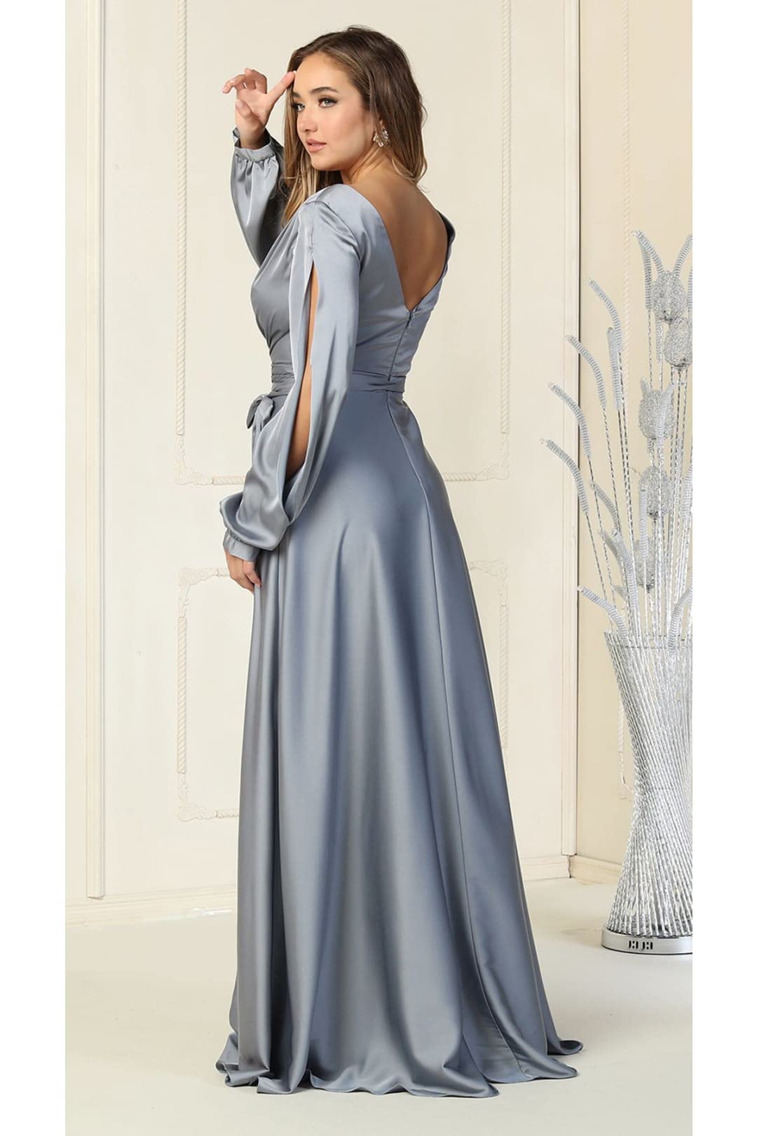 Elegant Women's Split Long Sleeve Pleated A-Line Evening Gown - Red Carpet Formal Dress for Prom, Wedding & Special Occasions