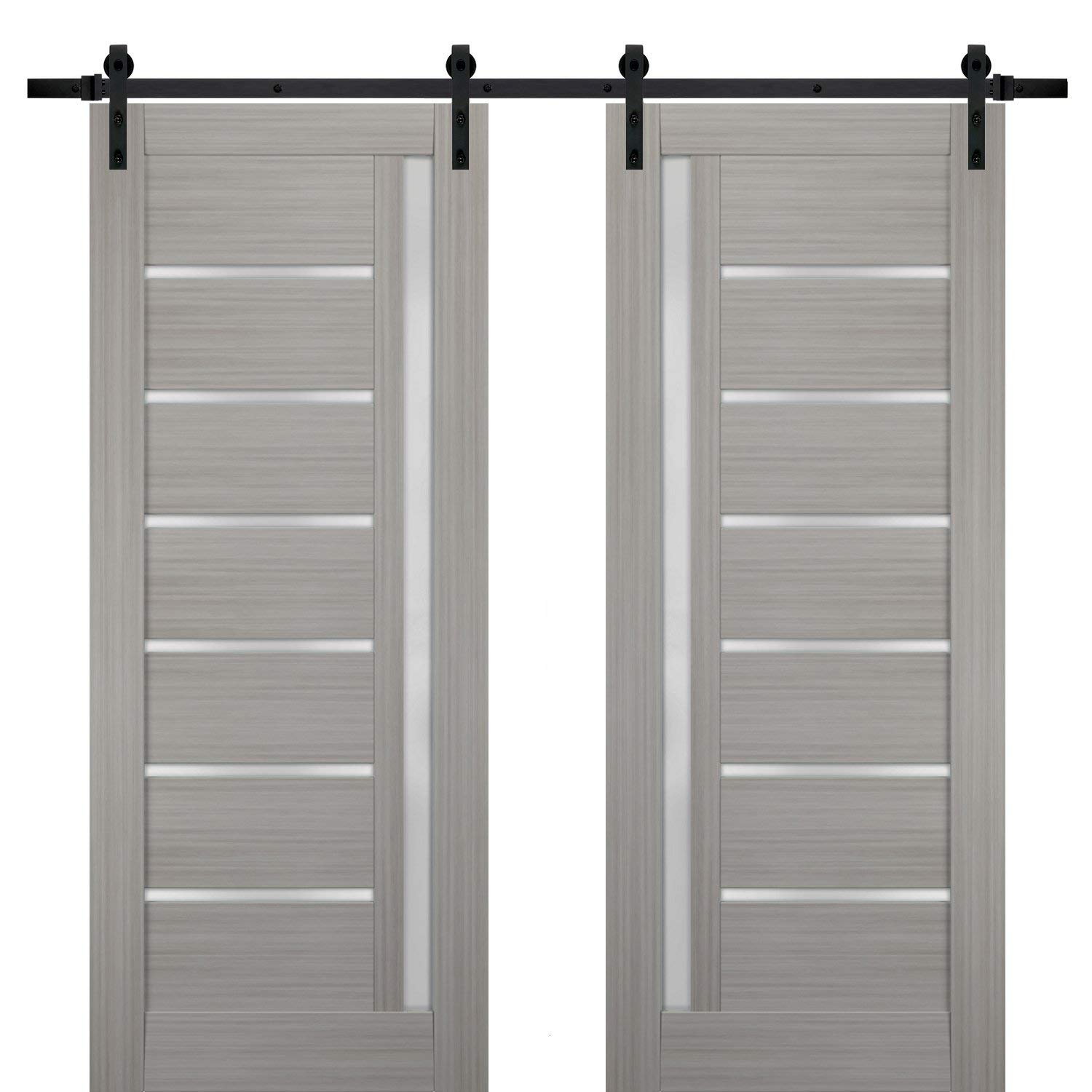Sturdy 36 x 80 Inch Double Barn Door with Frosted Glass | Quadro 4088 Grey Ash Finish | Top Mount 13FT Rail Hangers Heavy Duty Set | Solid Panel Interior Sliding Doors for Bedroom, Closet & Farmhouse Style Homes