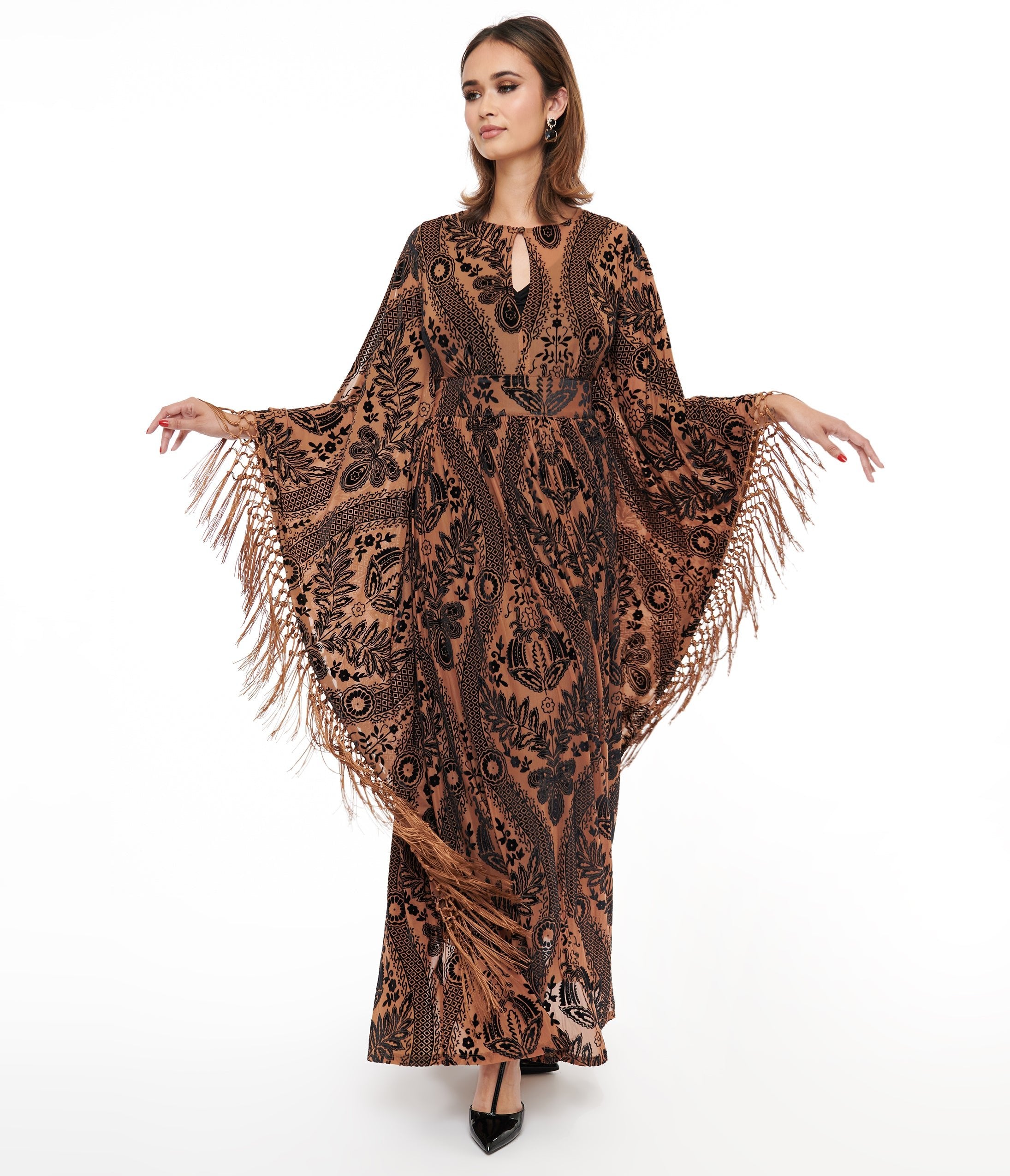 Vintage 1960s Black & Nude Floral Fringe Flutter Sleeve Caftan Dress - Retro Boho Maxi Dress for Beach Wedding, Pool Party & Summer Vacation