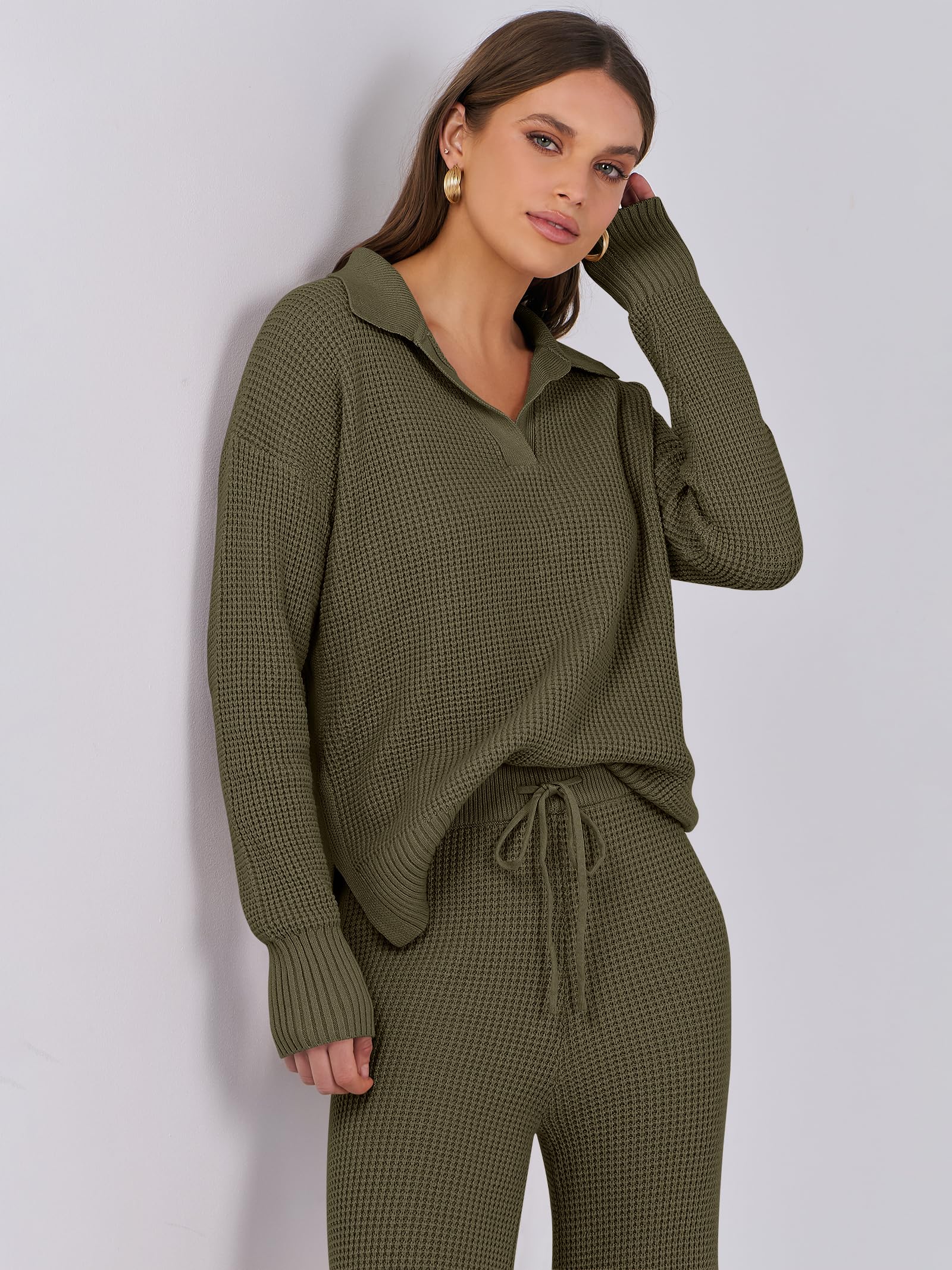 ANRABESS Women's Two Piece Outfits - Waffle Knit Sweater & Wide Leg Pants Lounge Set | Soft Matching Tracksuit for Women | Perfect for Casual Wear, Home Relaxation & Coffee Dates