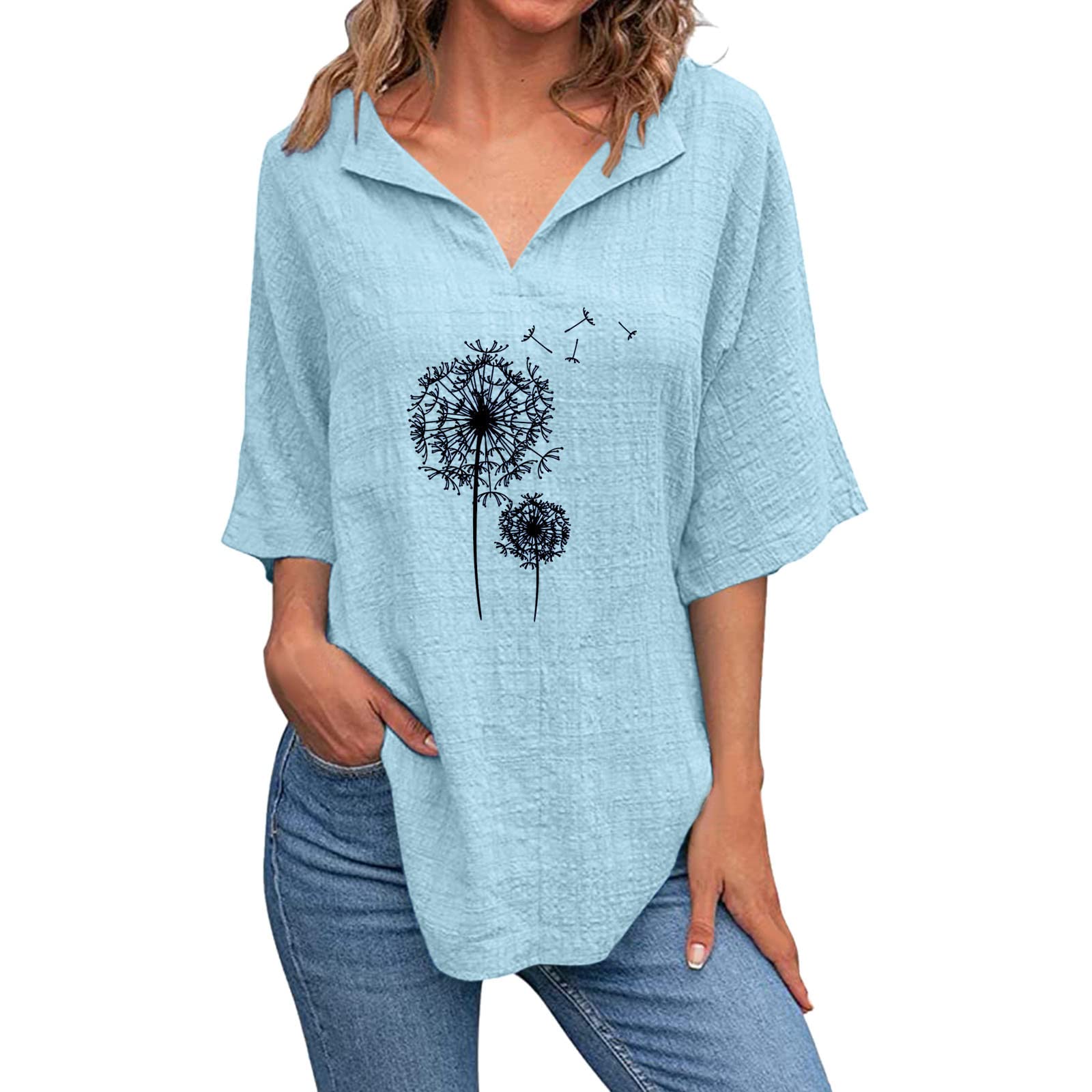 Women's Casual V-Neck Short Sleeve Blouse - Dandelion Print Cotton Linen Loose Fit T-Shirt for Summer | Perfect for Beach Outings, Weekend Brunch & Everyday Wear