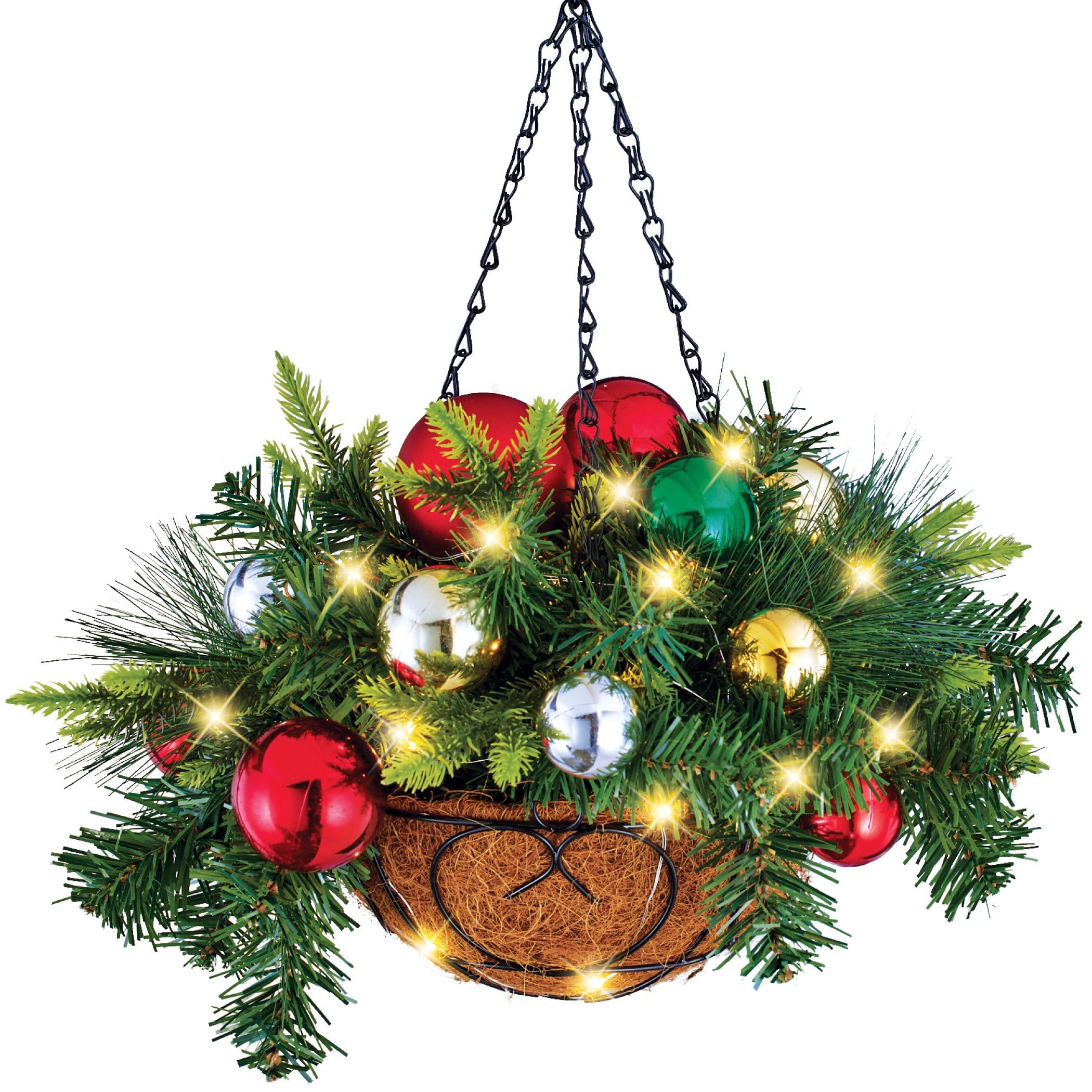 Lighted Ornament Hanging Basket with Hook & 6-Hour Timer - Outdoor Christmas Holiday Decorations for Porch, Garden, and Patio