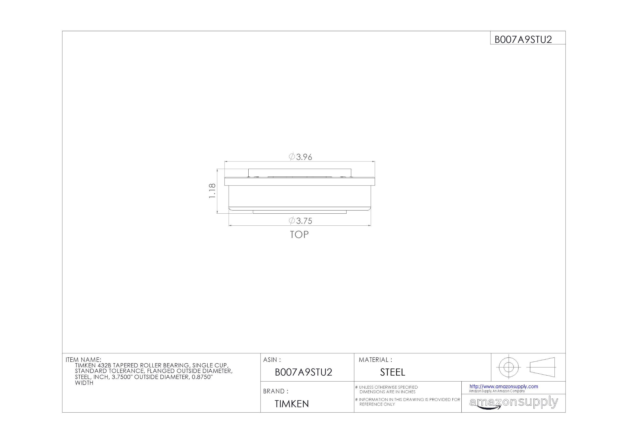 Timken 432B Tapered Roller Bearing - Single Cup, Steel Construction, 3.75