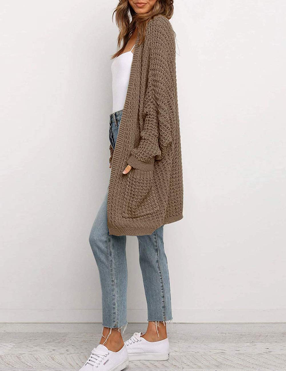 MEROKEETY Women's Oversized Long Batwing Sleeve Cardigan Waffle Knit Sweater Coat - Cozy Fall Winter Layering Piece for Casual Outfits & Lounge Wear