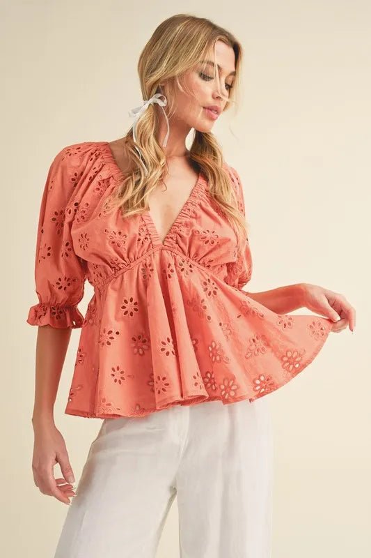 Aemi + Co Women's Eyelet Embroidered V-Neck Peplum Blouse - Floral Lace Summer Top for Casual Wear & Office Outfits
