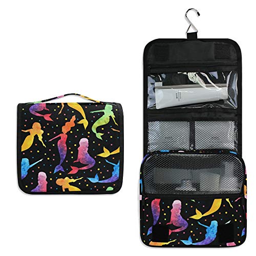 ALAZA Rainbow Mermaid Polka Dot Hanging Toiletry Bag - Waterproof Cosmetic Organizer with Hook for Travel, Gym & Home Storage | Portable Makeup Pouch for Women & Girls