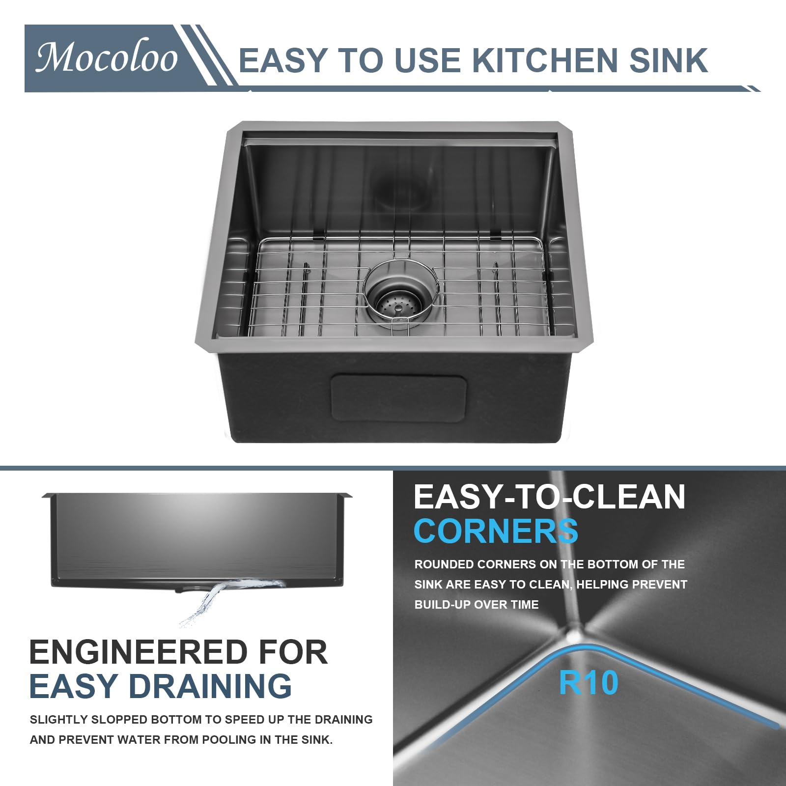 Mocoloo 23x19 Inch Undermount Stainless Steel Single Bowl Kitchen Sink - Black Bar Prep Workstation with Handmade Design for Small Kitchens | Perfect for Food Prep, Dishwashing & Entertaining