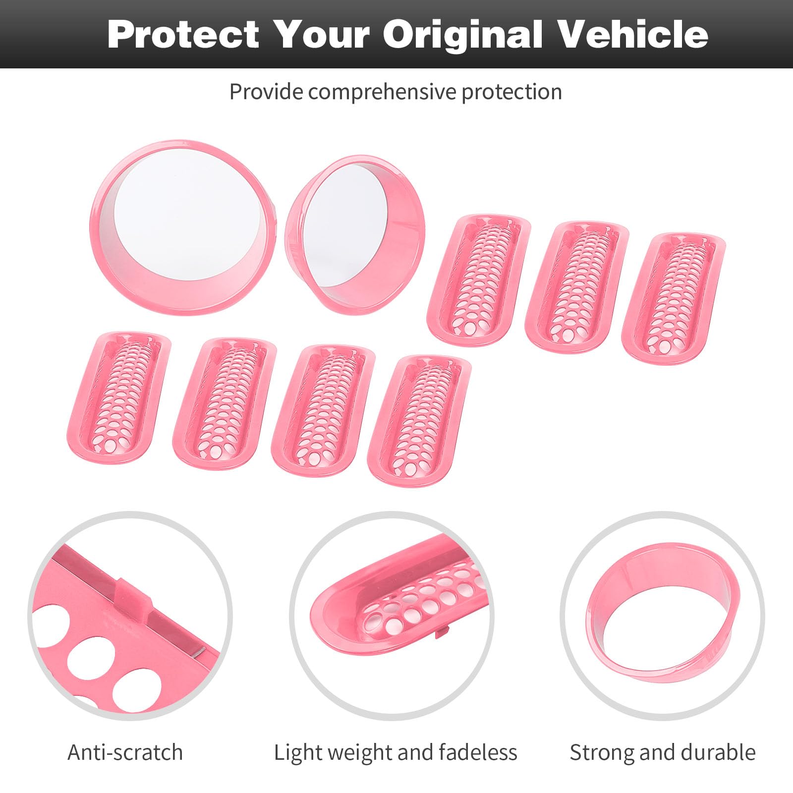 CheroCar Pink Mesh Grille Insert & Headlight Cover Trim for Jeep Wrangler JK (2007-2017) | Exterior Accessories | Off-Road Style Upgrade & Custom Look