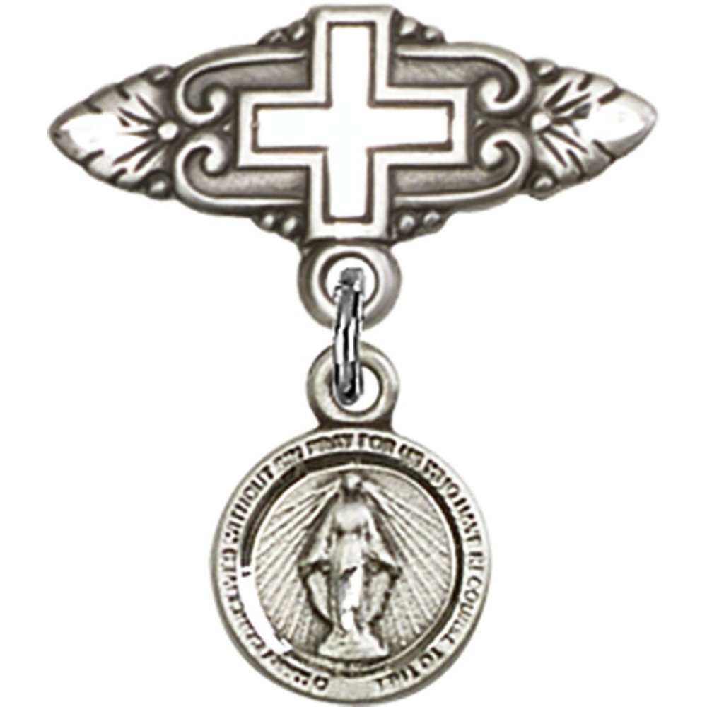 Bonyak Jewelry Sterling Silver Saint Medal Baby Badge - Miraculous Charm with Cross Pin (7/8