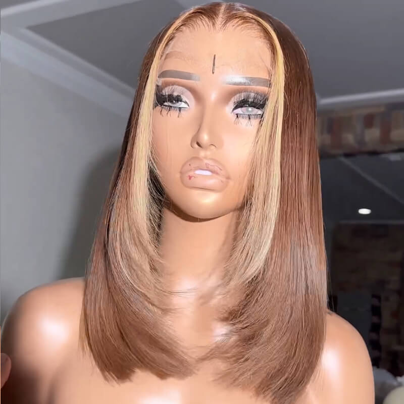 Eullair Glueless Layered Cut Brown Blonde Highlight Bob Skunk Stripe Straight Pre-Cut Lace Human Hair Wig for Women - Natural Look for Daily Wear & Cosplay