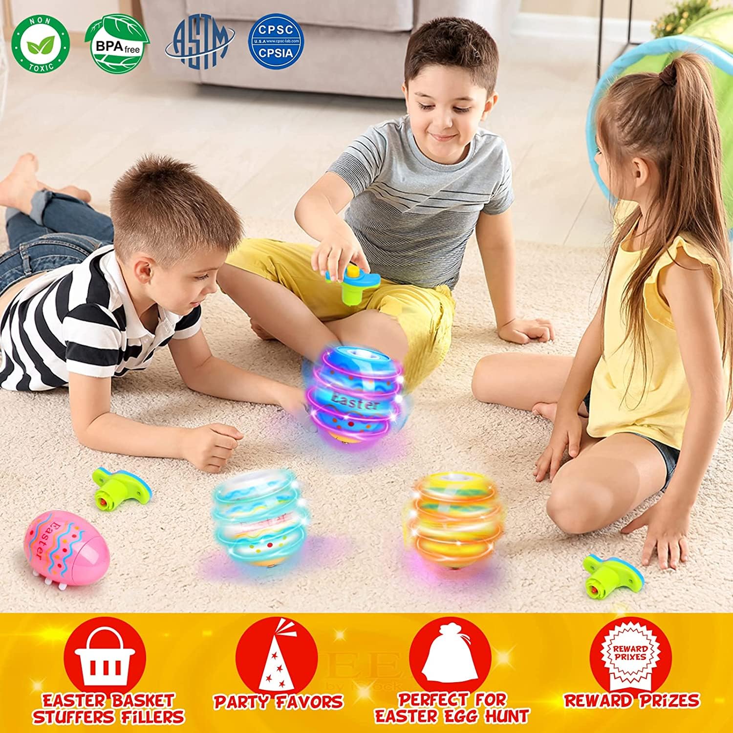 6 PCS LED Light Up Spinning Tops Easter Egg Toys for Kids - Flashing Gyroscope Party Favors, Glow in The Dark Easter Basket Stuffers, Fun Birthday Gifts & Classroom Prizes - Perfect for Easter Egg Hunts, Birthday Parties, and Holiday Gift Exchanges