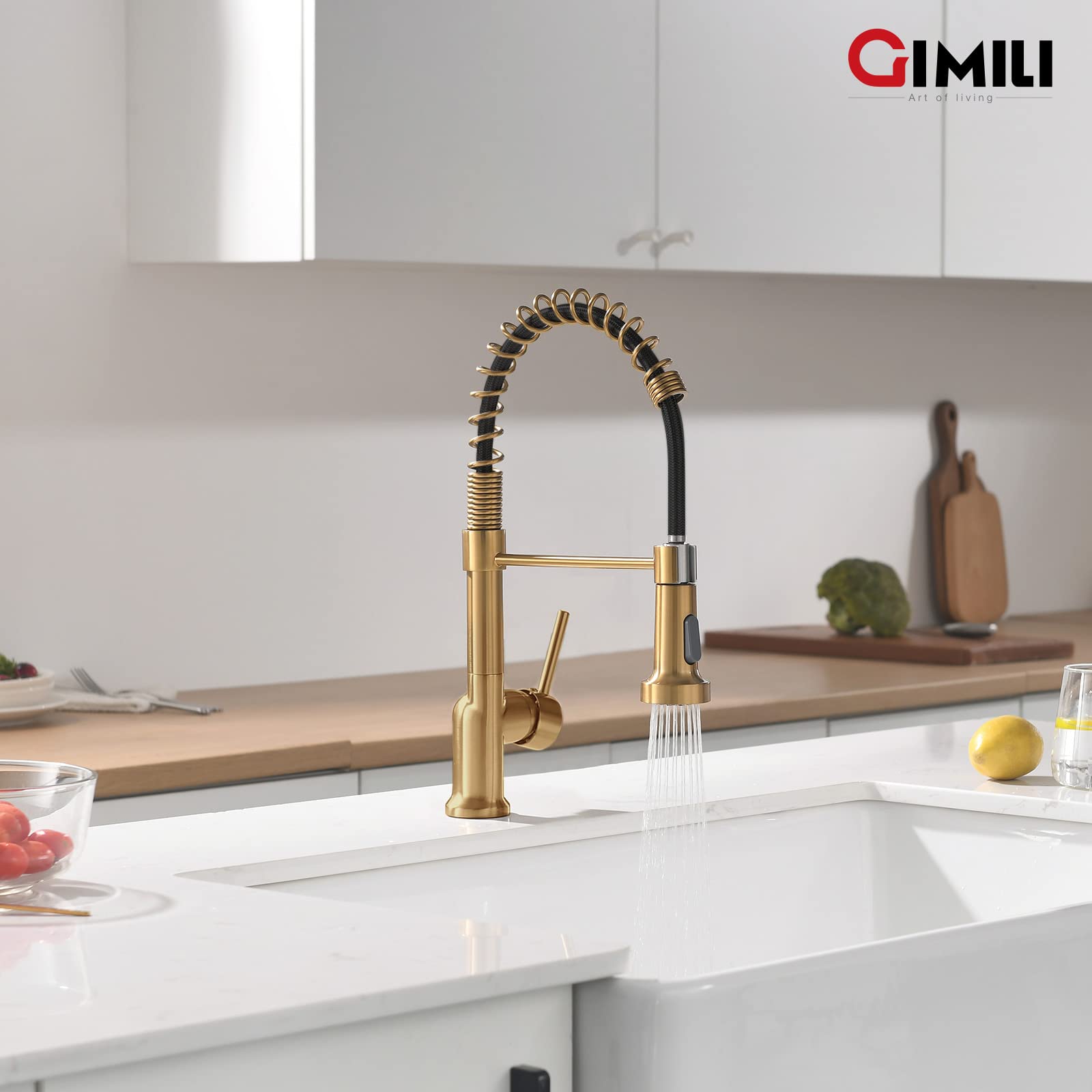 GIMILI Brushed Gold Kitchen Faucet with Pull Down Sprayer - Single Handle Brass Spring Faucet for RV, Farmhouse & Laundry Sink | Durable & Stylish for Modern & Utility Kitchens