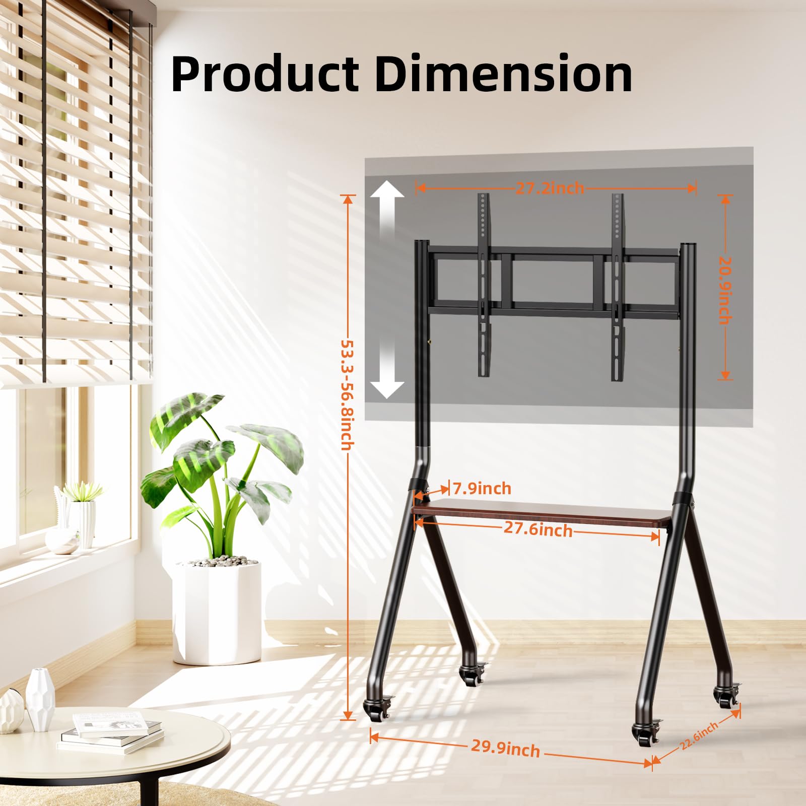 Adjustable Mobile TV Stand for 32-80 Inch Screens - Heavy Duty Rolling TV Cart with Wheels, Wooden Media Shelf & Max VESA 600x500mm - Supports Up to 110lbs (Black) - Perfect for Living Rooms, Bedrooms & Home Theaters