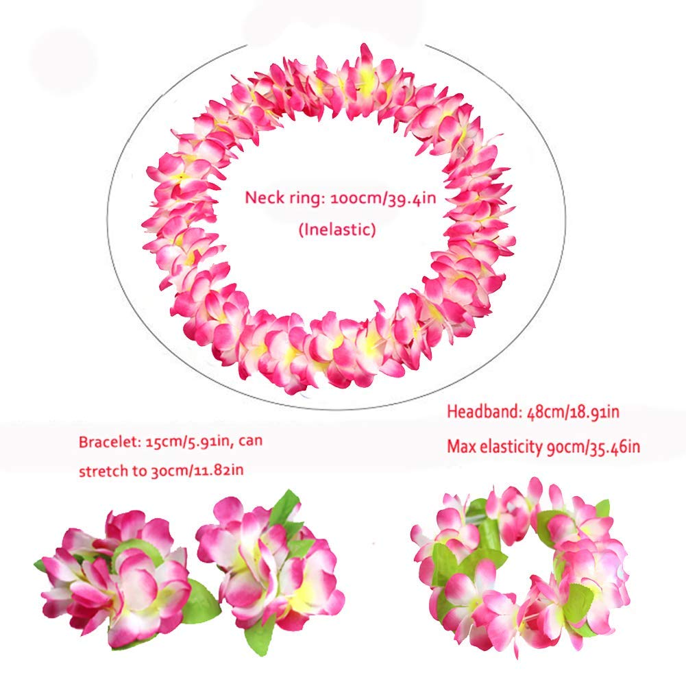 Hawaiian Flower Leis Jumbo Necklace Bracelet Headband Set - Pink Tropical Luau Party Decorations for Hawaiian Themed Parties, Beach Weddings, Graduations & Summer Festivals