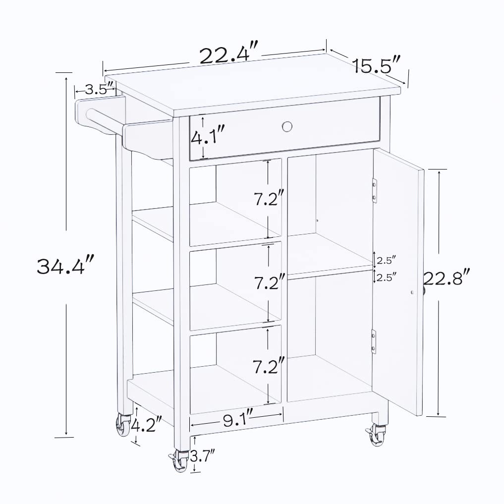 Mobile Kitchen Island Cart with Solid Wood Top - White Rolling Storage Cabinet with Single Door, Drawer & 2 Open Shelves, Towel Rack - 25.98
