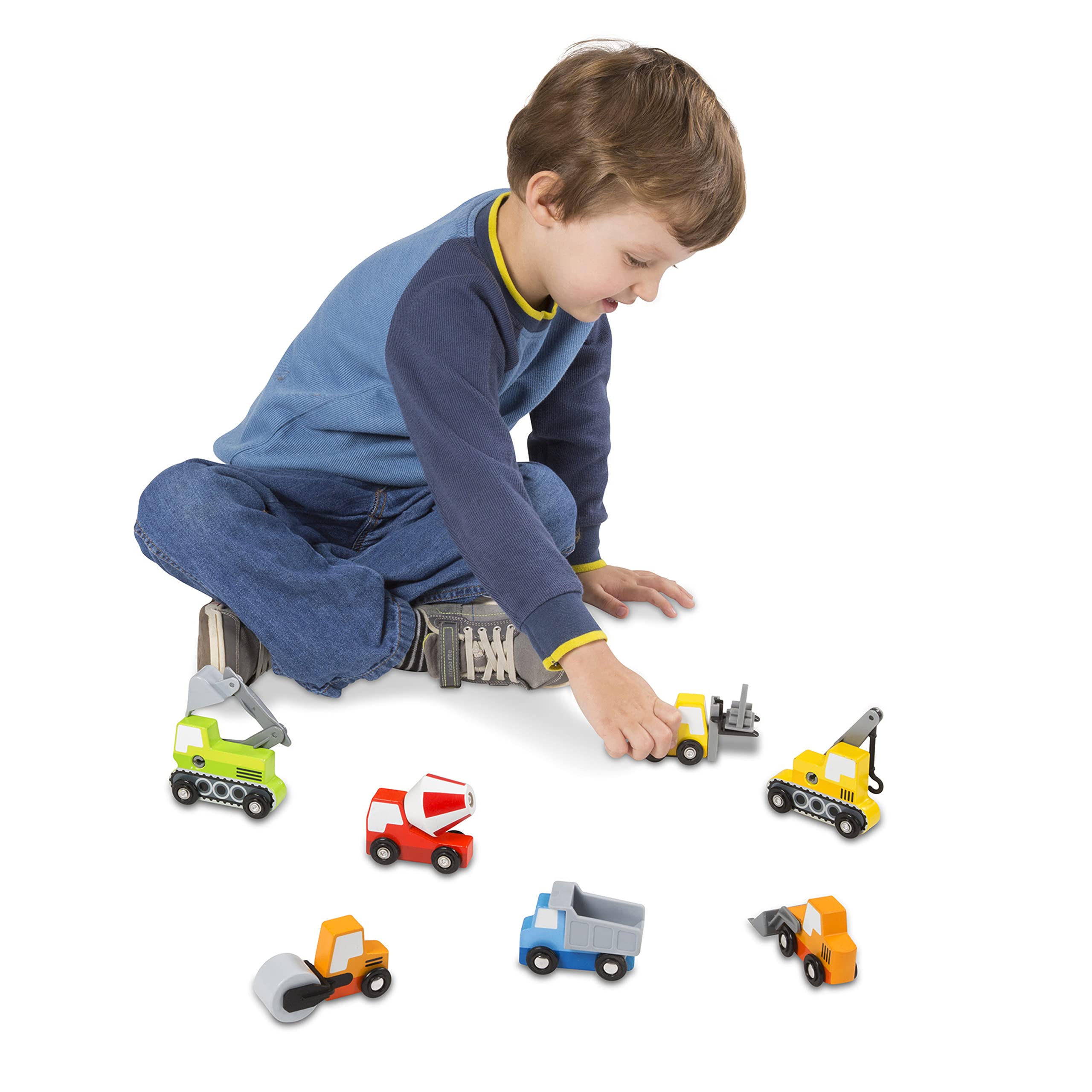 Melissa & Doug Wooden Construction Site Vehicles Set with Storage Tray - 8 Piece Kids Construction Toy Trucks & Cars for Toddlers Age 3+ | Pretend Play, Birthday Gifts, Early Learning Activities