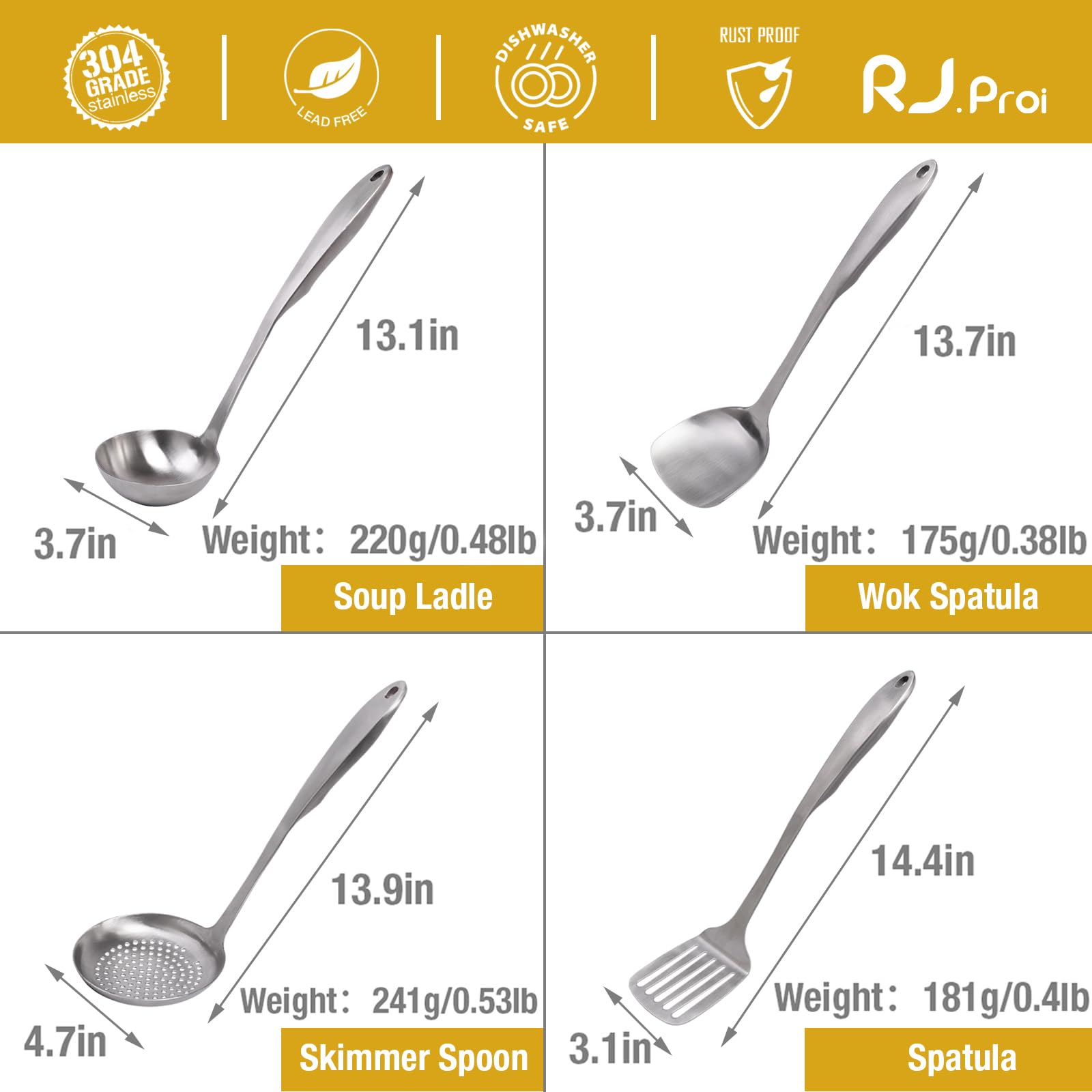 Premium 4-Piece Stainless Steel Kitchen Utensil Set - 304 Grade Spatula, Soup Ladle, Wok Turner & Skimmer Spoon with Heat-Resistant Handles | Dishwasher Safe Cooking Tools for Frying, Stir-Frying & Serving | Ideal for Home Chefs & Professional Kitchens