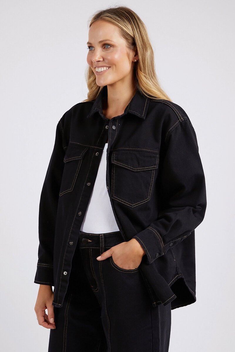 Stylish Daisy Black Contrast Stitch Overshirt for Women - Casual Button-Down Shirt with Unique Floral Design | Perfect for Spring Outfits, Layering & Everyday Wear