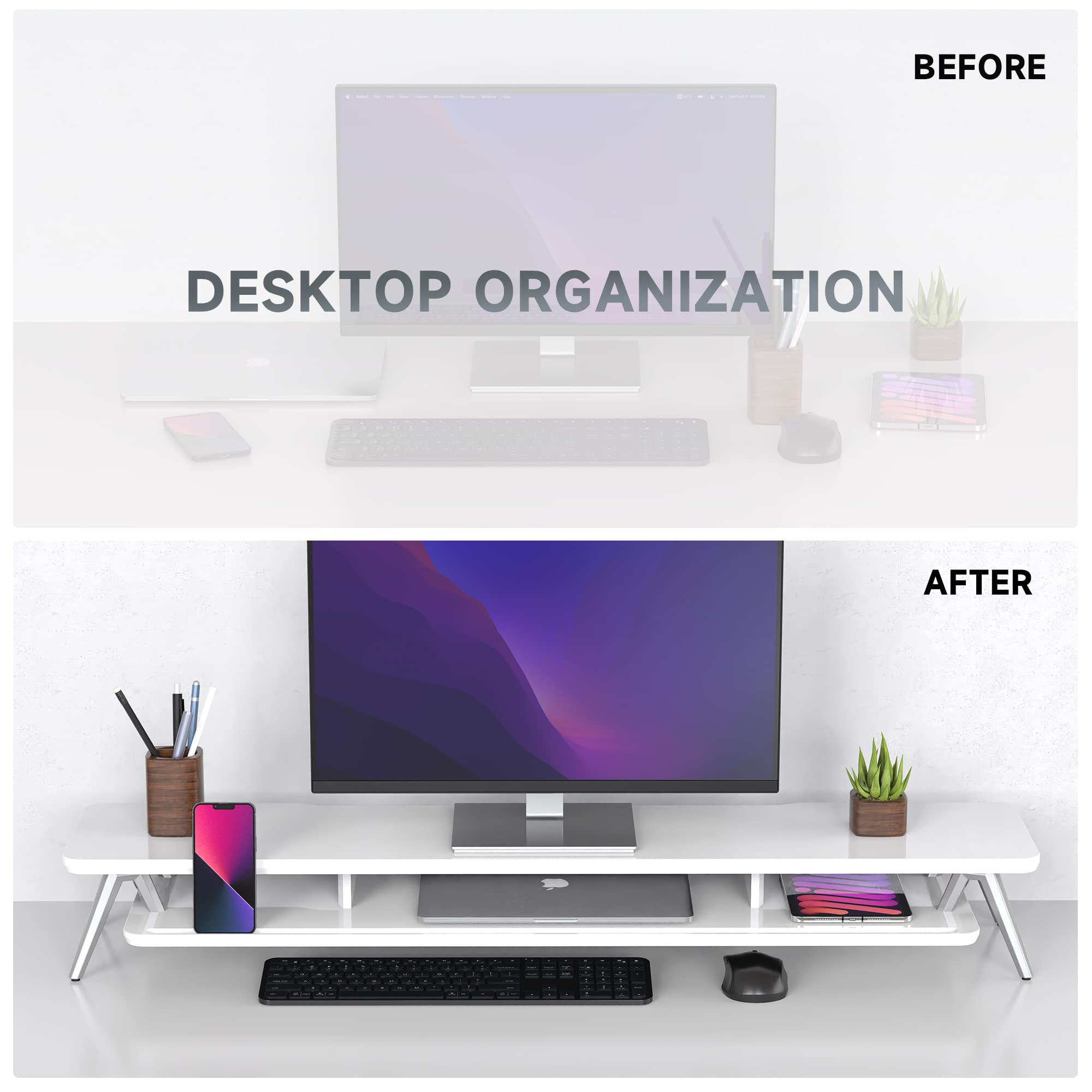 Dual Monitor Stand for 2 Screens - 42.5 Inch Wooden Desk Shelf with Storage Organizer & Cable Management | Perfect for Home Office Setup, Gaming Station & Workspace Accessories