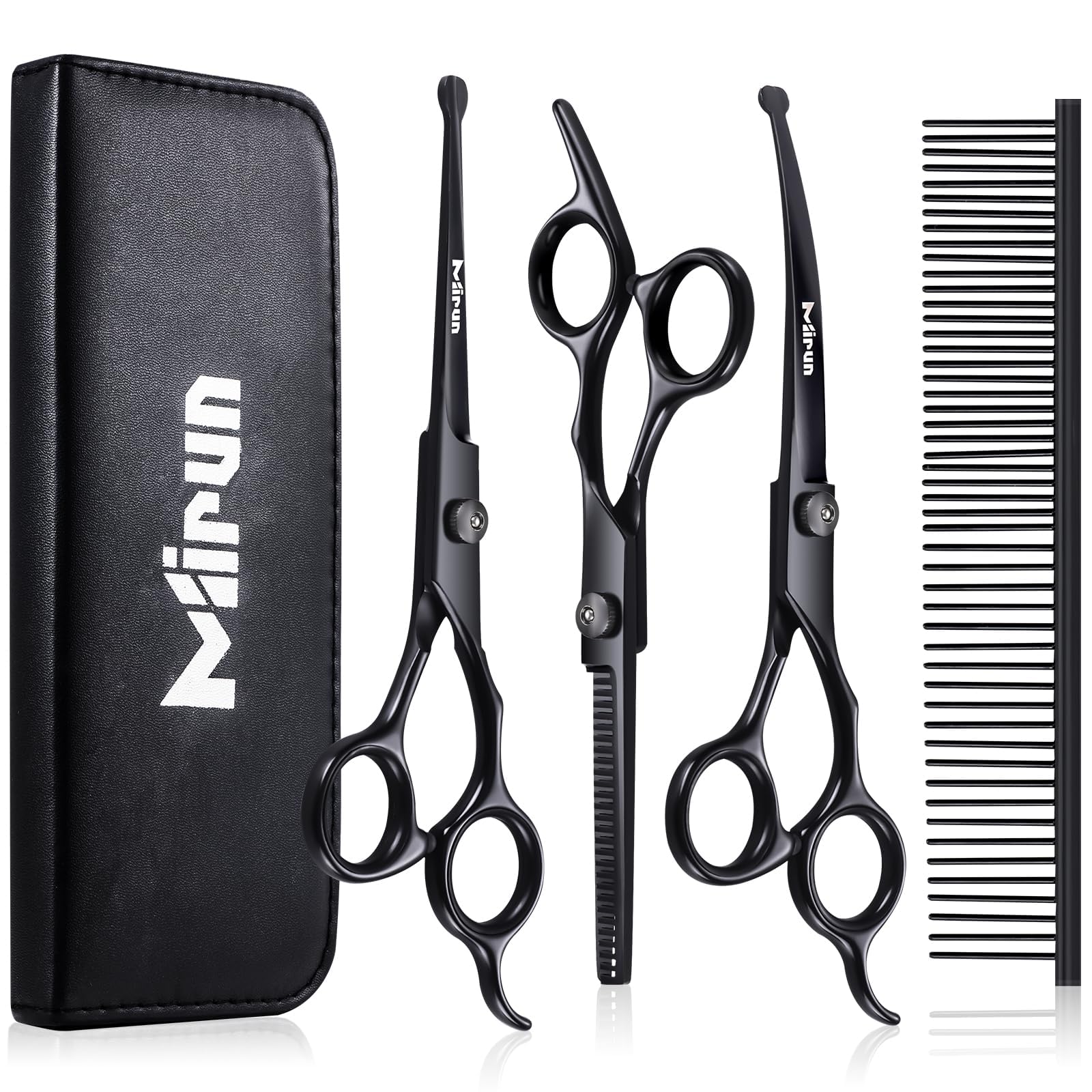 5-in-1 Titanium Plated Dog Grooming Scissors Kit - Professional Stainless Steel Pet Shears with Safety Round Tips for Dogs & Cats - Sharp Durable Grooming Tools for Home Use & Professional Pet Salons
