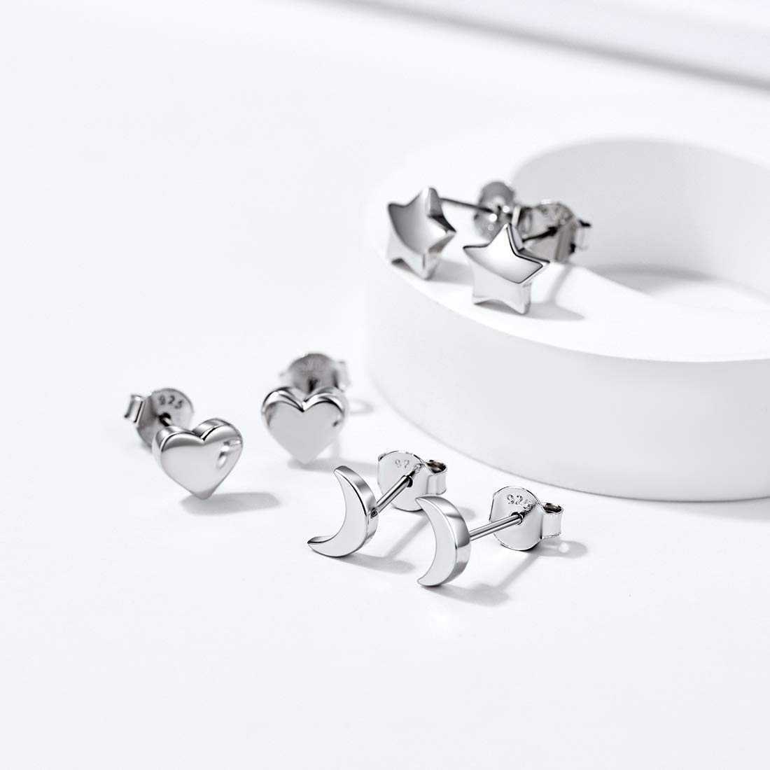 ChicSilver 925 Sterling Silver Stud Earrings for Women - Heart, Moon & Star Dainty Tiny Earring Studs Set | Hypoallergenic Jewelry for Sensitive Ears | Perfect for Everyday Wear, Gift Giving & Special Occasions (3 Pairs)