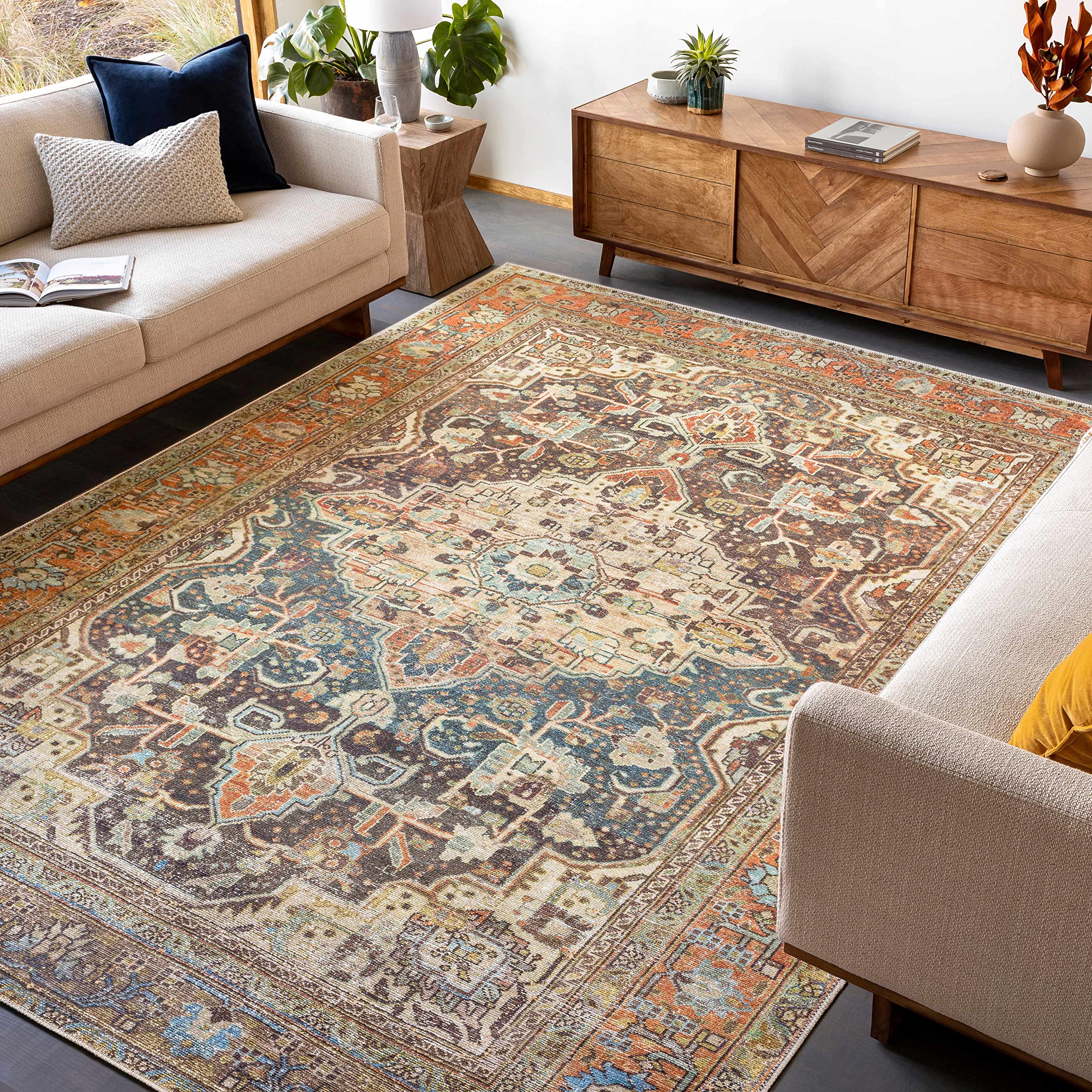 Hauteloom Portlaw Hallway & Kitchen Washable Runner Rug - Traditional Design in Gray, Blue, Red - 2'7