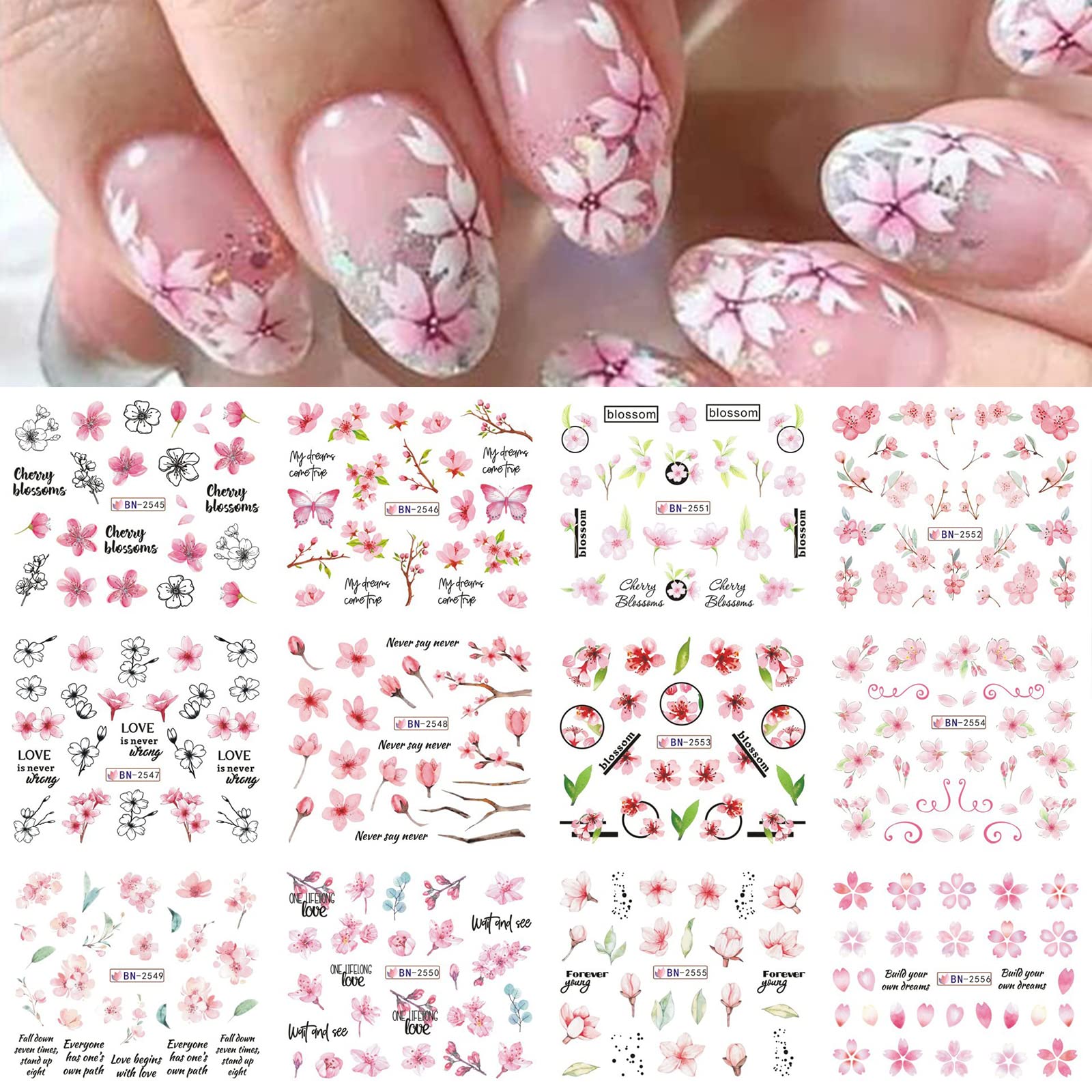 12 Sheets Spring Floral Nail Art Stickers - Pink Peach Blossom & Cherry Blossom Water Transfer Nail Decals for Women | DIY Nail Decorations for Parties, Weddings & Everyday Manicures