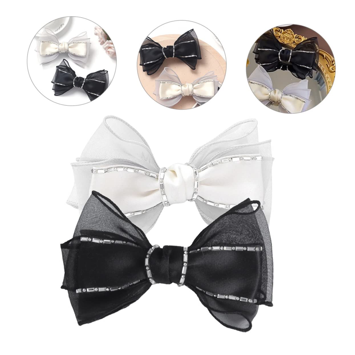 FRCOLOR 2 Sets Baby Girls Hair Bows Clips - Rhinestone Bow Hair Clips, Ponytail Holders & Barrettes for Women & Toddlers (4-Piece Set) - Perfect for Parties, Weddings & Everyday Hair Accessories