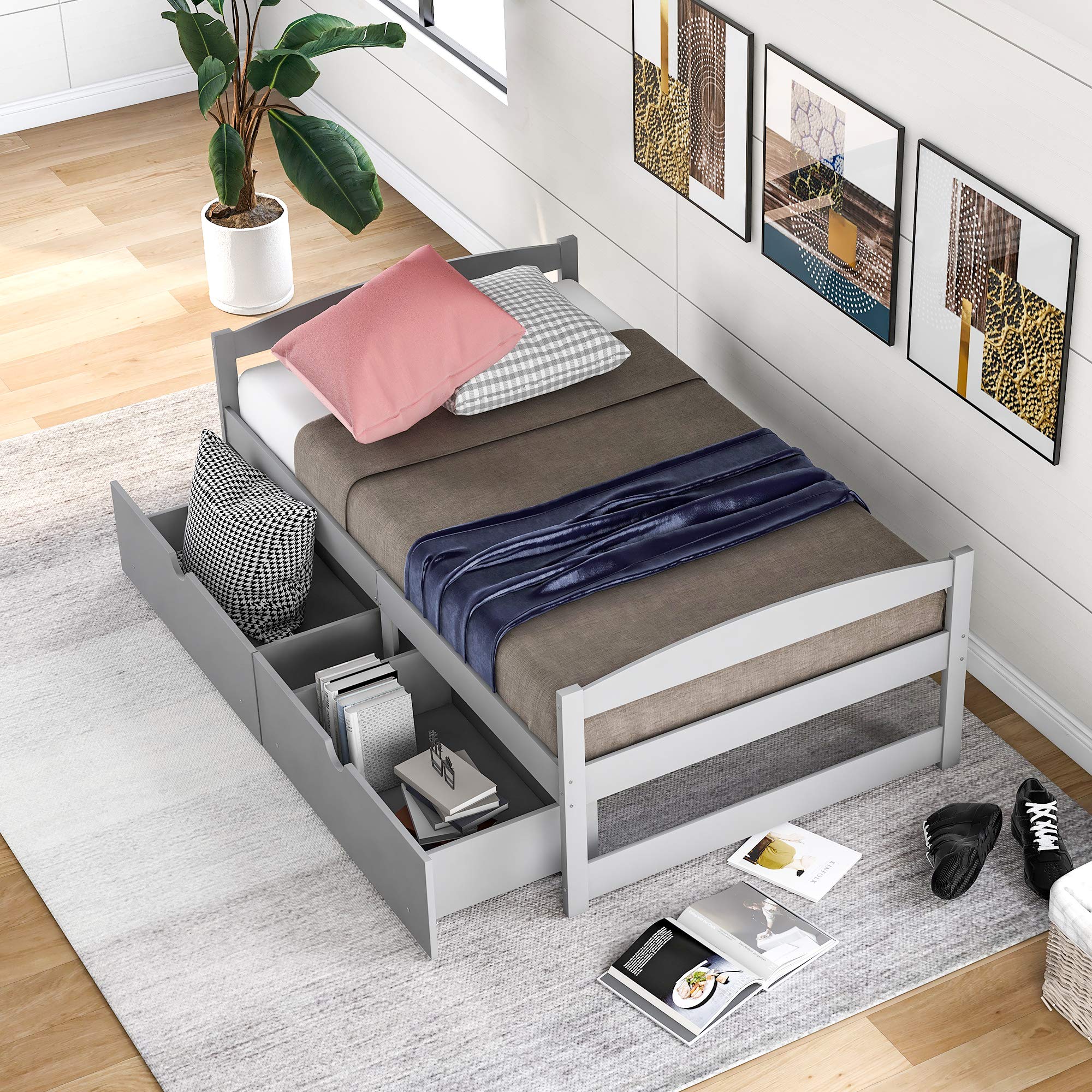 LZ LEISURE ZONE Twin Size Daybed with Storage Drawers - Solid Wood Platform Bed Frame - Gray Modern Captains Bed for Small Spaces, Guest Room & Dormitory