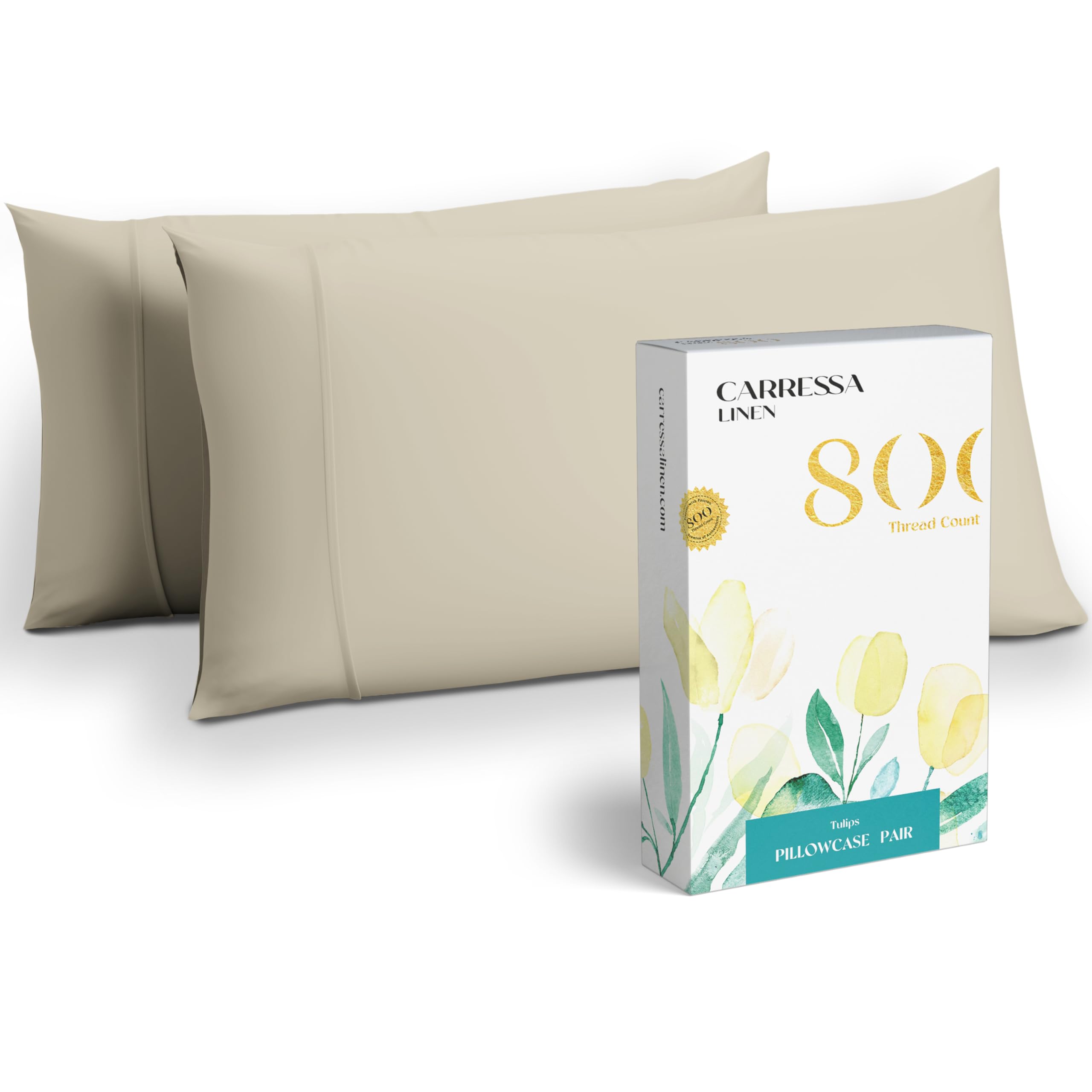 Premium 100% Egyptian Cotton Pillowcases Set of 2 - 800 Thread Count, Soft & Breathable Linen Pillow Covers for Standard/Queen Size - Cooling Beach Sand Design for Bedroom, Hotel, or Vacation Home Use