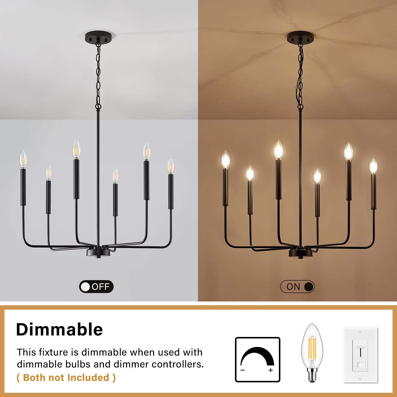 Modern Black 6-Light Chandelier - Farmhouse Style Metal Hanging Light Fixture with Chain for Dining Room, Kitchen, Living Room, Bedroom & Foyer | Elegant Candle-Style Lighting for Home Decor & Entertaining