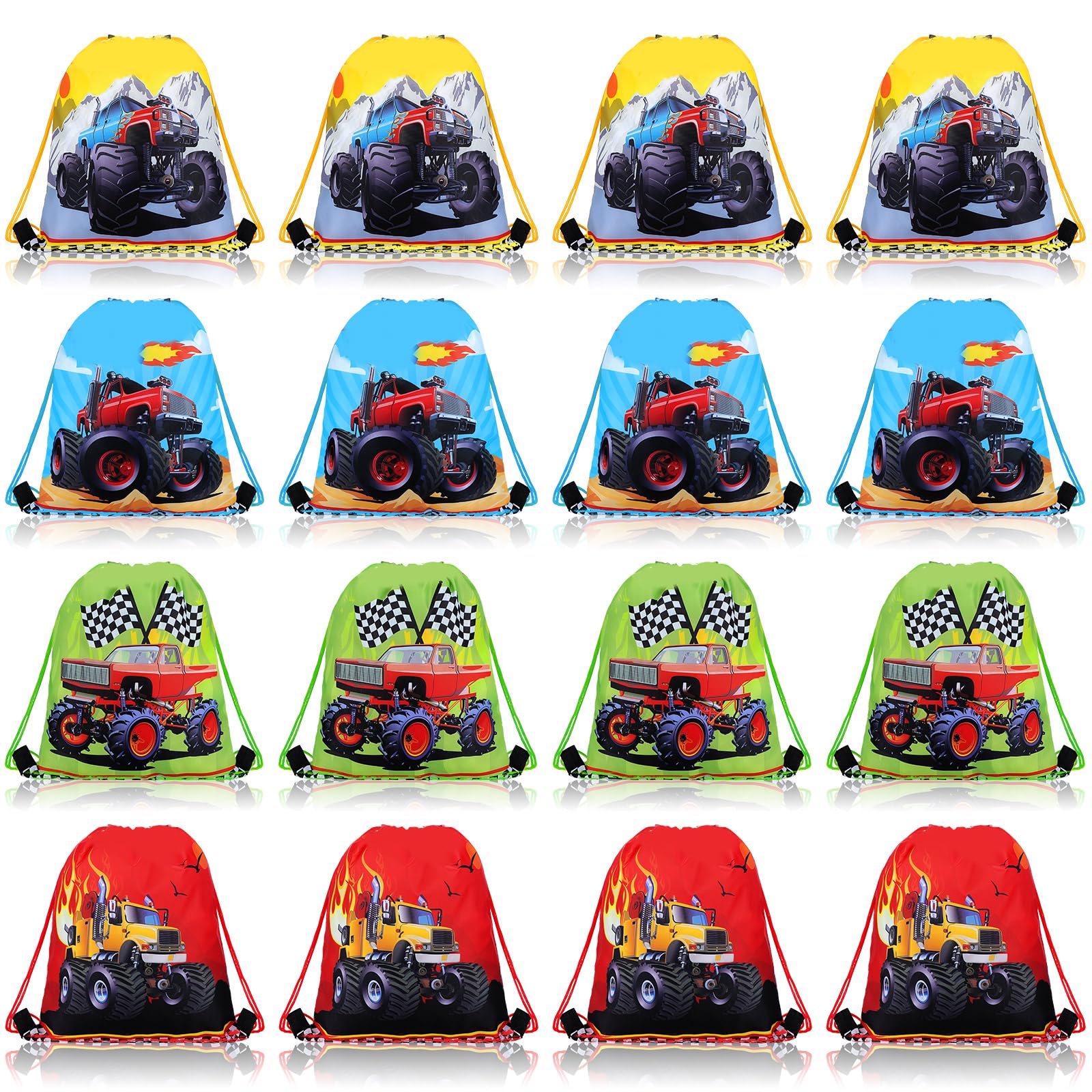 Tondiamo 16-Pack Racing Truck Drawstring Gift Bags - Kids Birthday Party Decorations, Candy Treat Bags for Themed Parties, Baby Showers & School Events