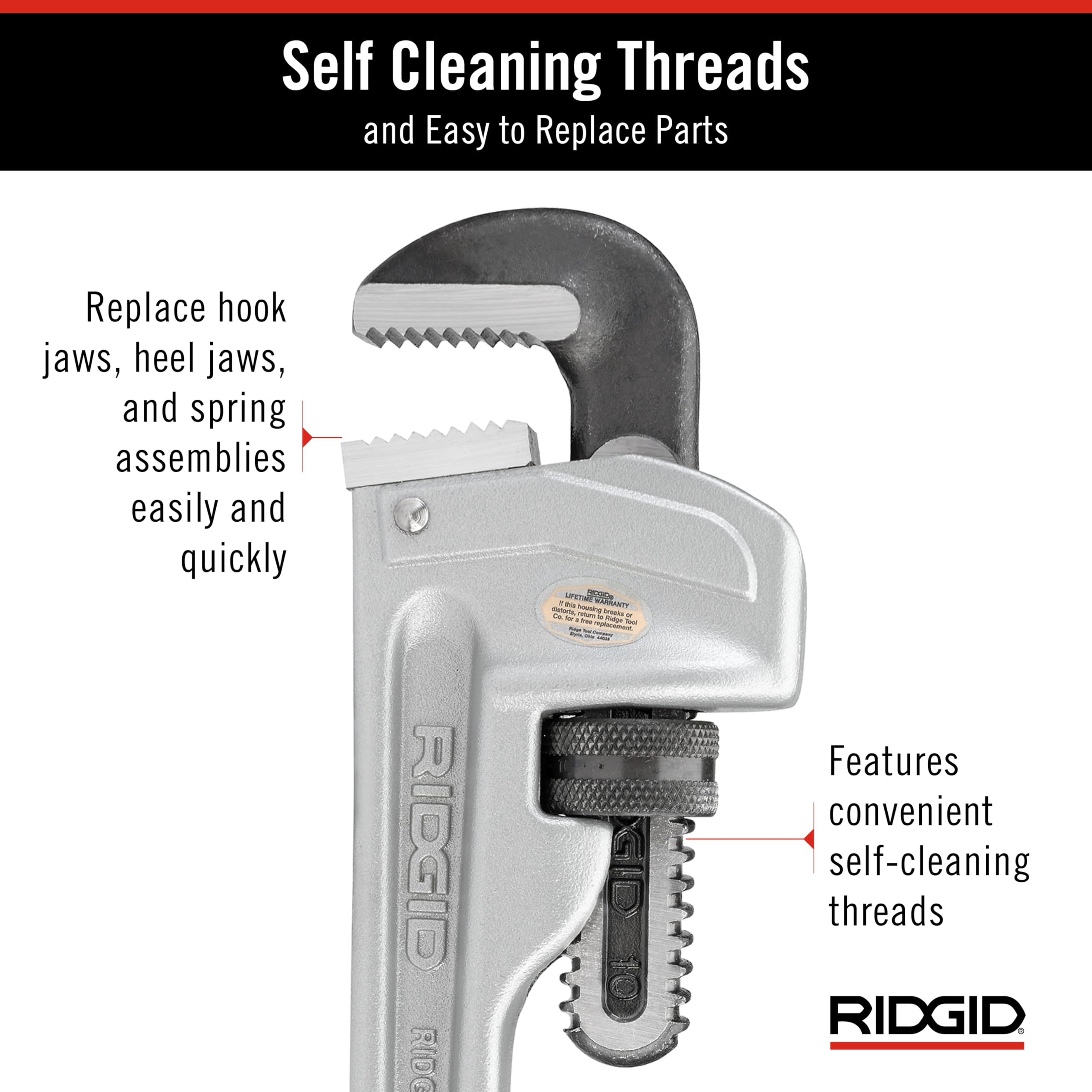 RIDGID 31090 10-Inch Aluminum Straight Pipe Wrench - Heavy Duty Plumbing Tool with Self-Cleaning Threads & Hook Jaws for Home Repair, Industrial Use, and DIY Plumbing Projects