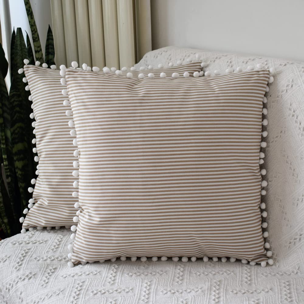 HOPLEE 18x18 Inch Farmhouse Stripe Decorative Pillow Covers Set of 2 - Cream Pom Pom Throw Pillow Covers for Couch, Bed, Sofa & Home Decor - Cozy Living Room & Bedroom Accent Pillows