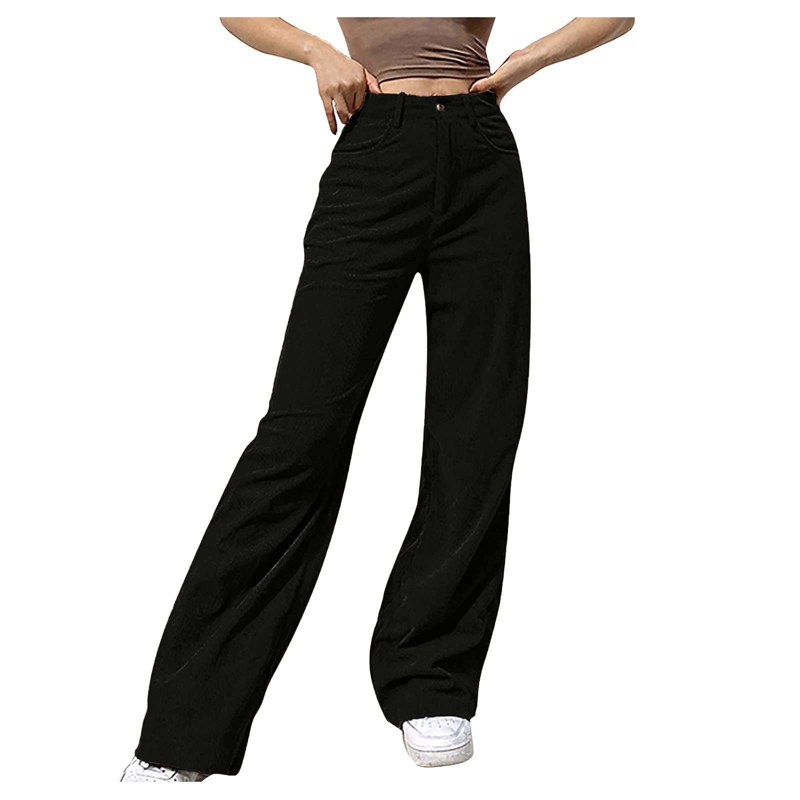 Women's Corduroy Straight Leg Pants with Pockets - Mid Waist Work Trousers for Office & Business Casual Outfits | Professional Dress Suits for Women