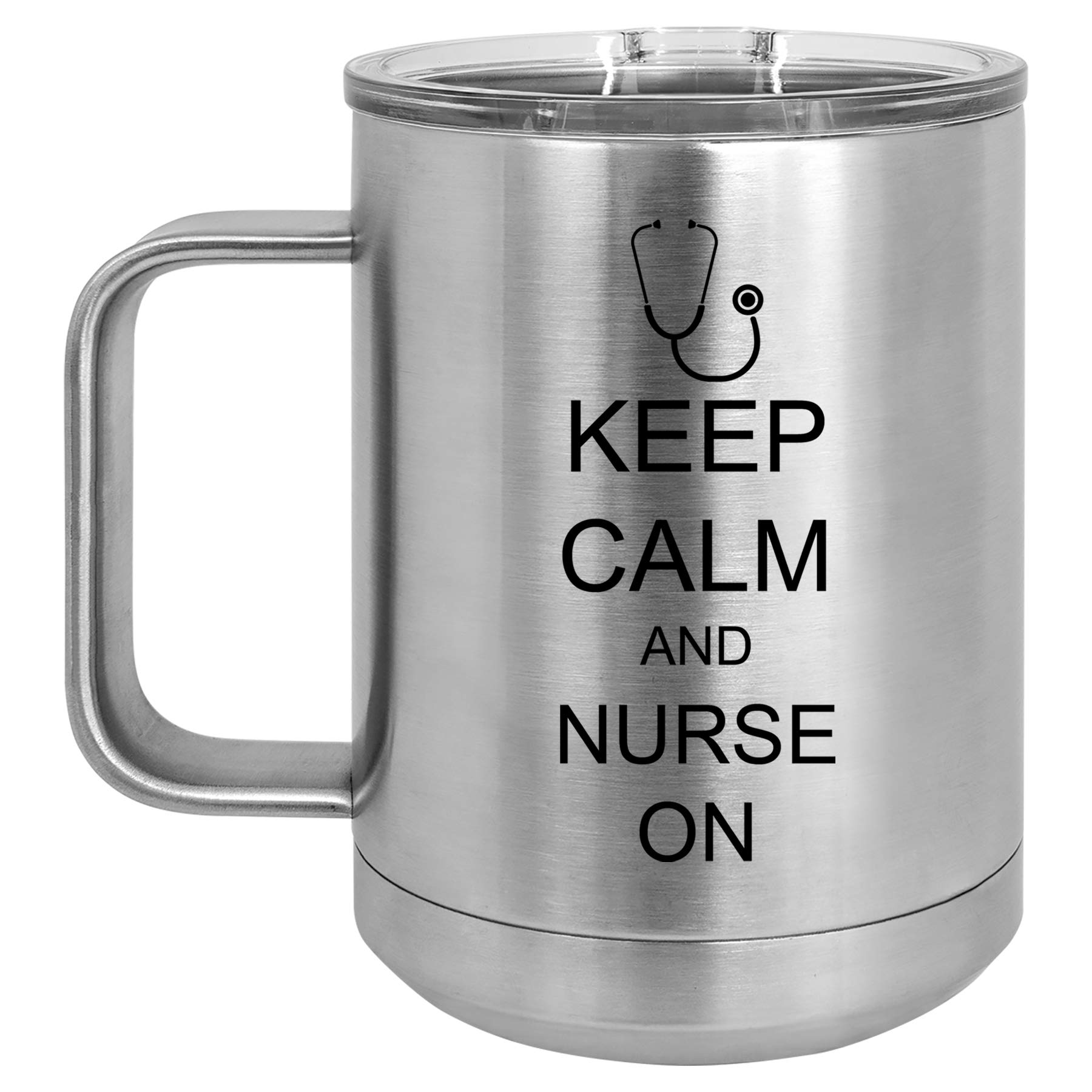 15 oz Vacuum Insulated Stainless Steel Tumbler with Handle & Lid - Keeps Drinks Hot/Cold for Hours - Perfect Travel Coffee Mug for Nurses, Commuters & Outdoor Activities (Silver)