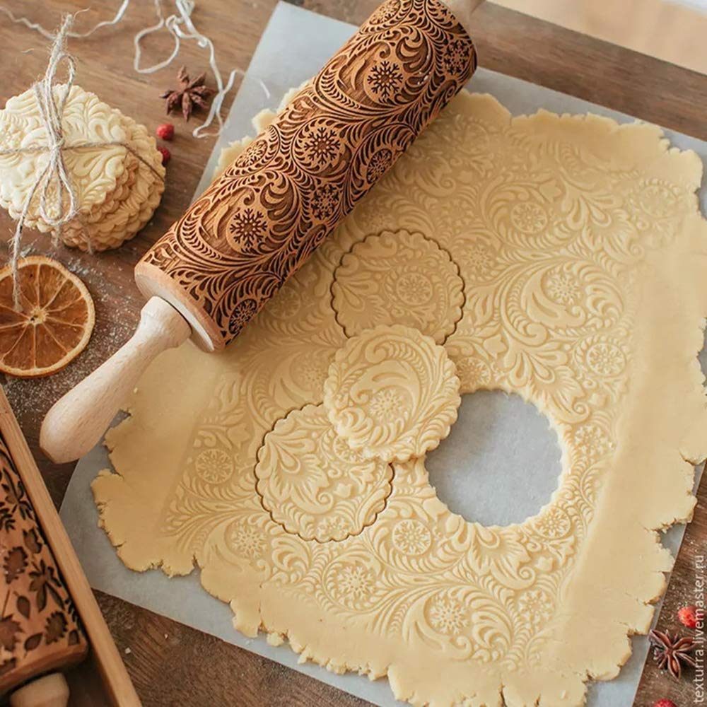3D Engraved Wooden Rolling Pin for Baking - Embossed Cookie, Cake, Pastry & Pie Dough with Unique Patterns - Perfect Christmas & New Year Gift for Home Bakers & DIY Enthusiasts - Ideal for Holiday Baking, Wedding Favors & Creative Kitchen Decor