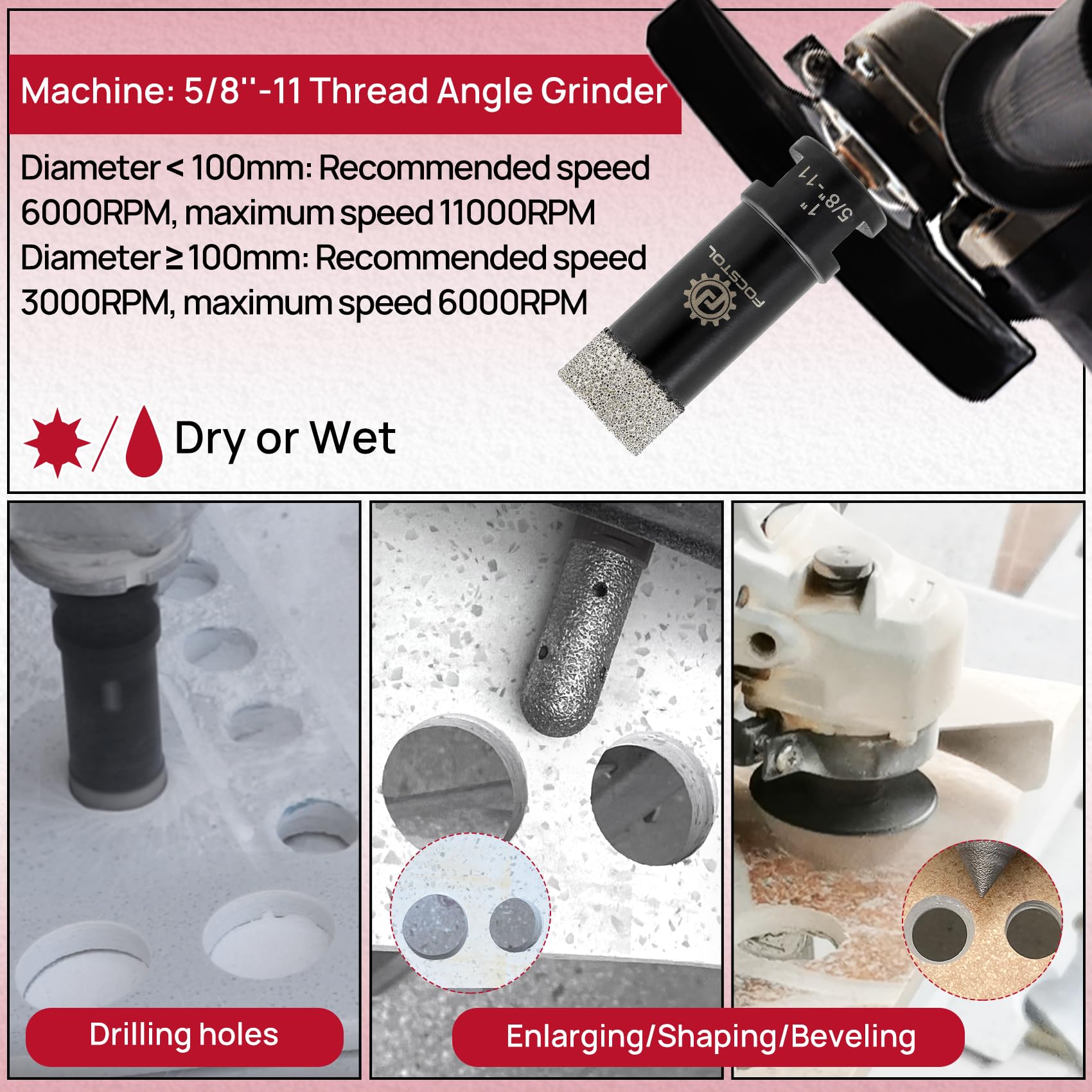 Premium Diamond Core Drill Bit Set - FOCSTOL 11pc (6/6/19/35/51/76/102mm + 20mm Finger Milling Bit + 50mm Beveling Chamfer Bit + Hex + SDS) for Porcelain, Ceramic Tile, Marble, Granite - Perfect for Bathroom Renovation, Kitchen Backsplash & Stone Countertop Installation