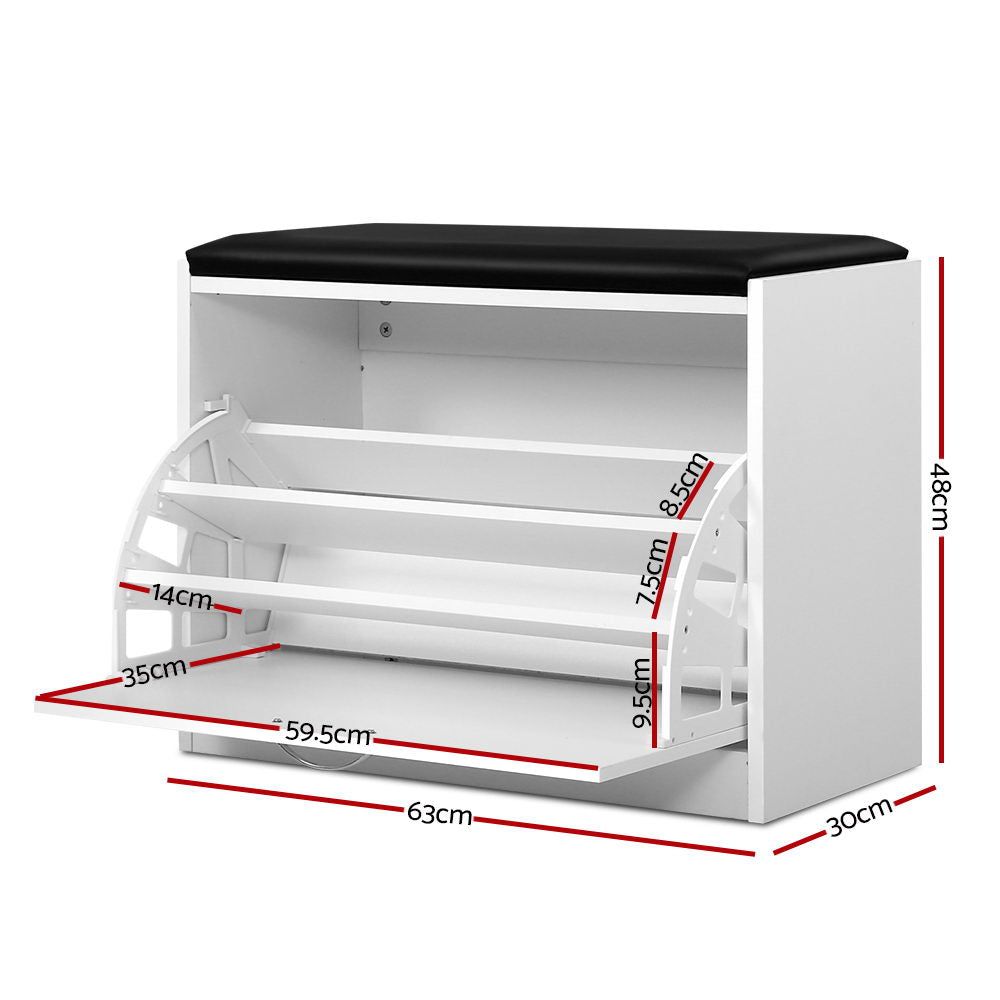 White Shoe Cabinet Bench with Drawers - 15 Pair Shoe Storage Organizer for Entryway, Bedroom, or Closet - Space Saving Shoe Rack with Seat