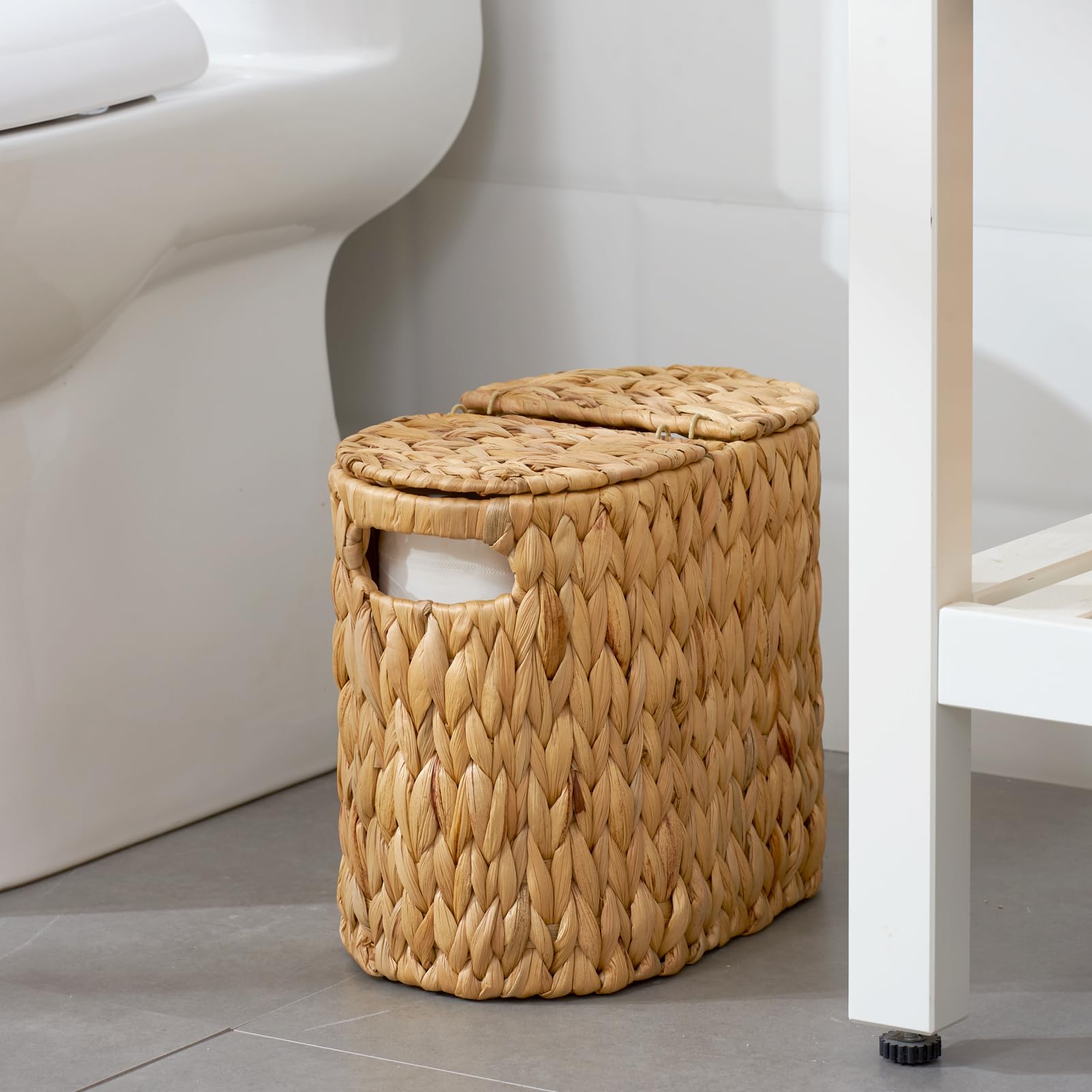 ELONG HOME Water Hyacinth Wicker Toilet Paper Holder with Lid - Bathroom Tissue Storage Basket for 4 Rolls | Stylish & Functional Bathroom Organizer for Home, Apartment, or Office