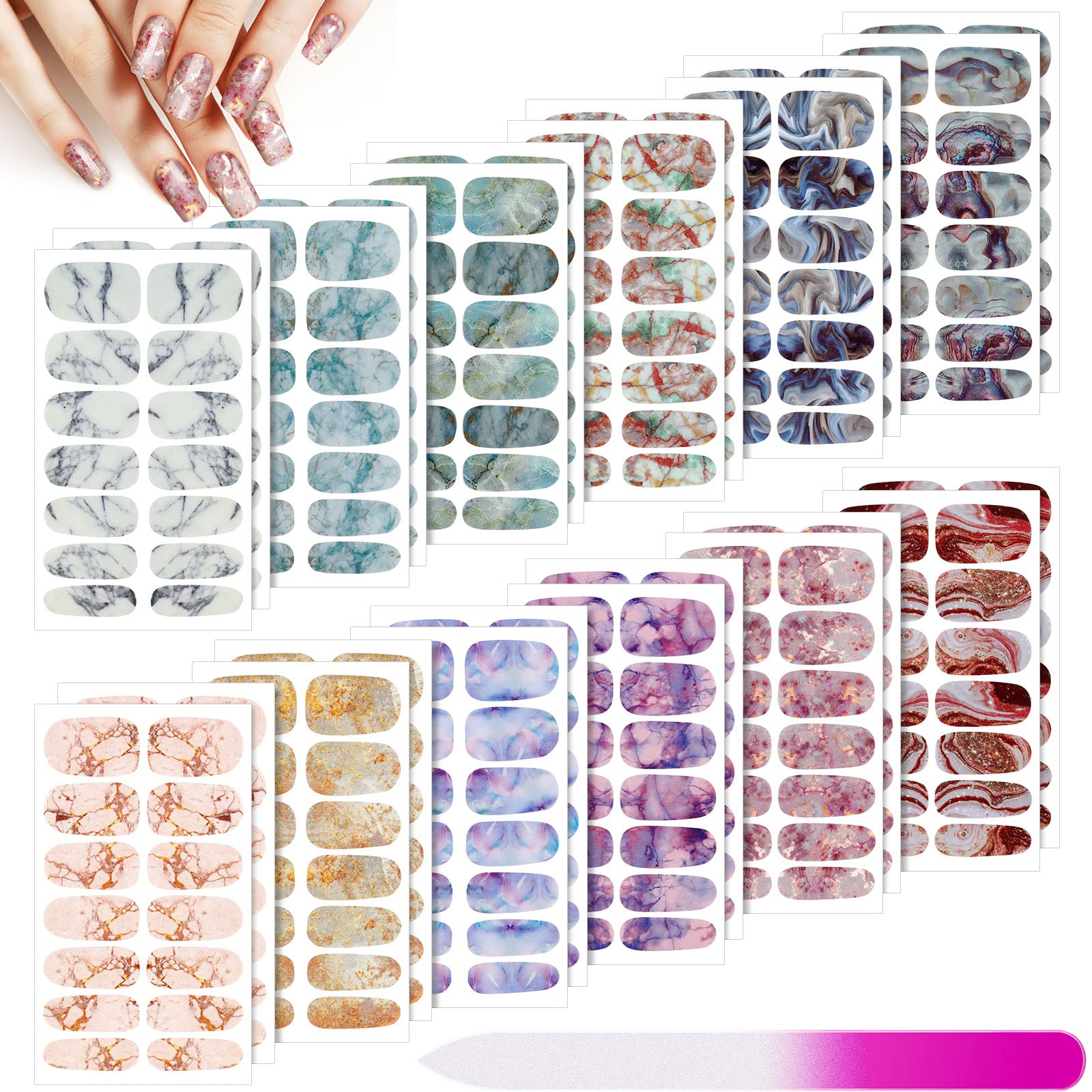 336-Piece Gradient Marble Nail Stickers Kit - 24 Self-Adhesive Nail Art Decals with Glass Nail File for Women & Girls - Waterproof Manicure Decor for Parties, Weddings, Daily Use (Classic Style)