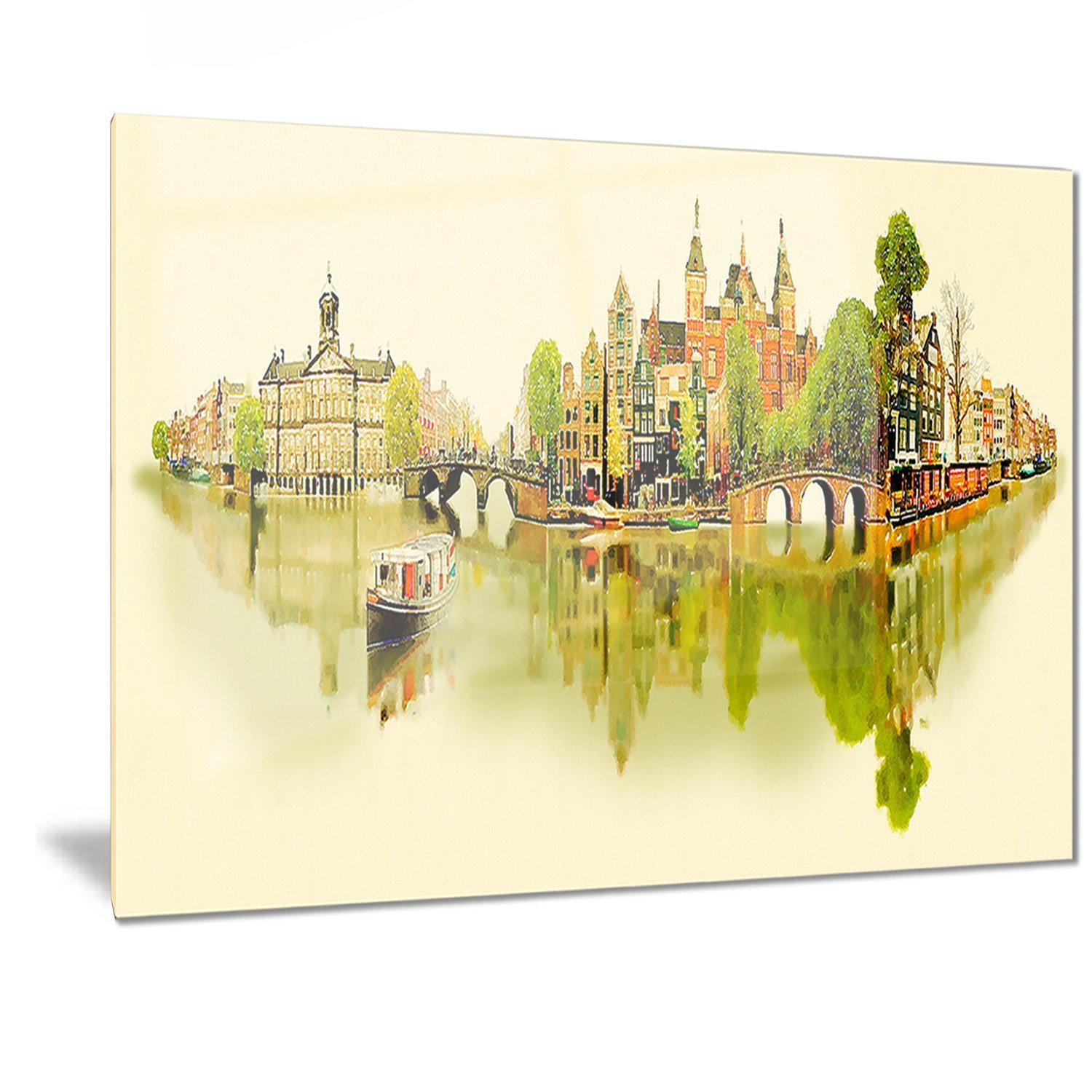 Designart Amsterdam Panoramic Cityscape Watercolor Metal Wall Art - 40x30 Inches, Modern Home Decor for Living Room, Bedroom & Office - MT7374