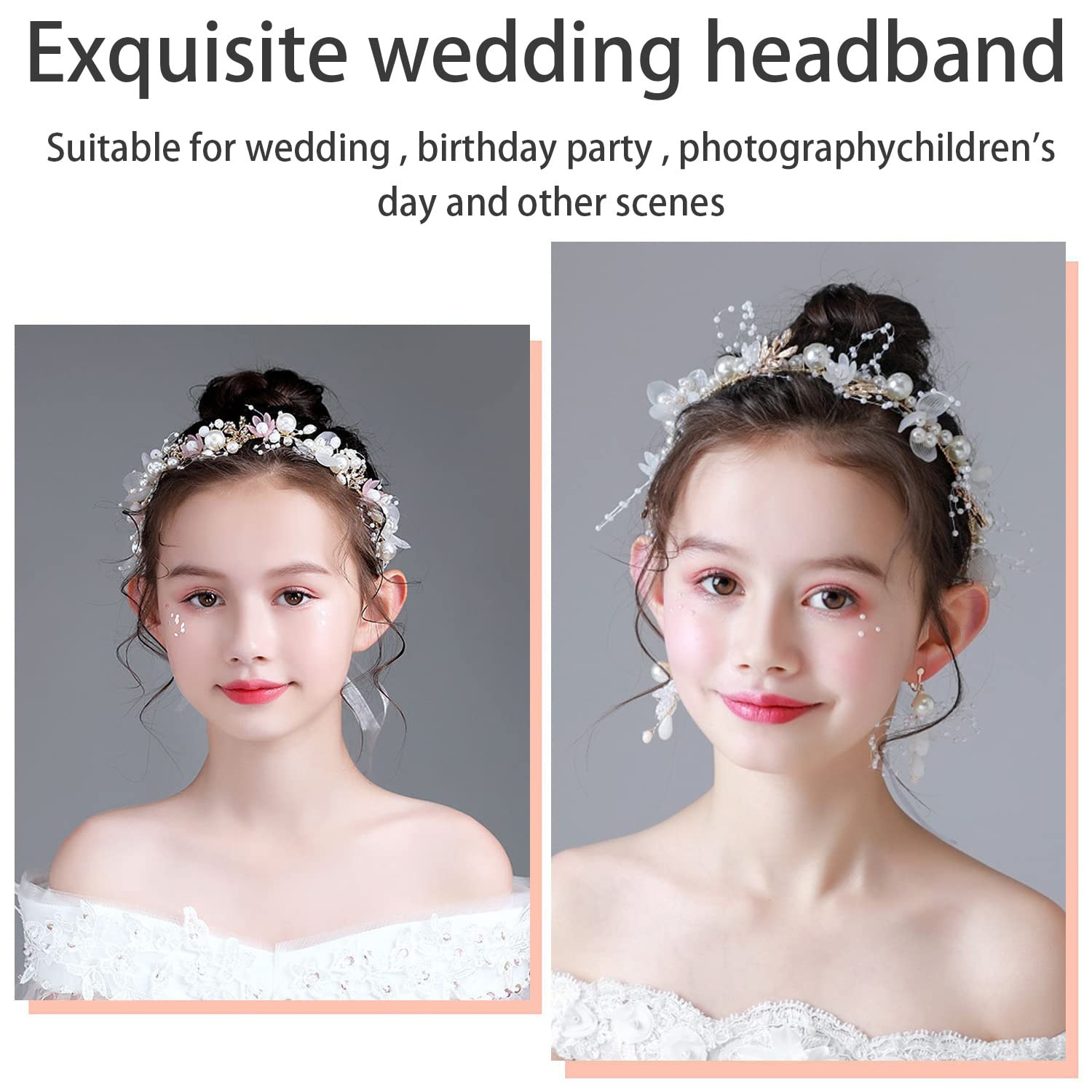 DRERIO Delicate Pearl Flower Girl Headband - Fairy Floral Wedding Hair Accessories, White Crystal Head Vines Crown for Bridesmaids, Flower Girls - Perfect for Weddings, Christmas, Festivals & Special Occasions