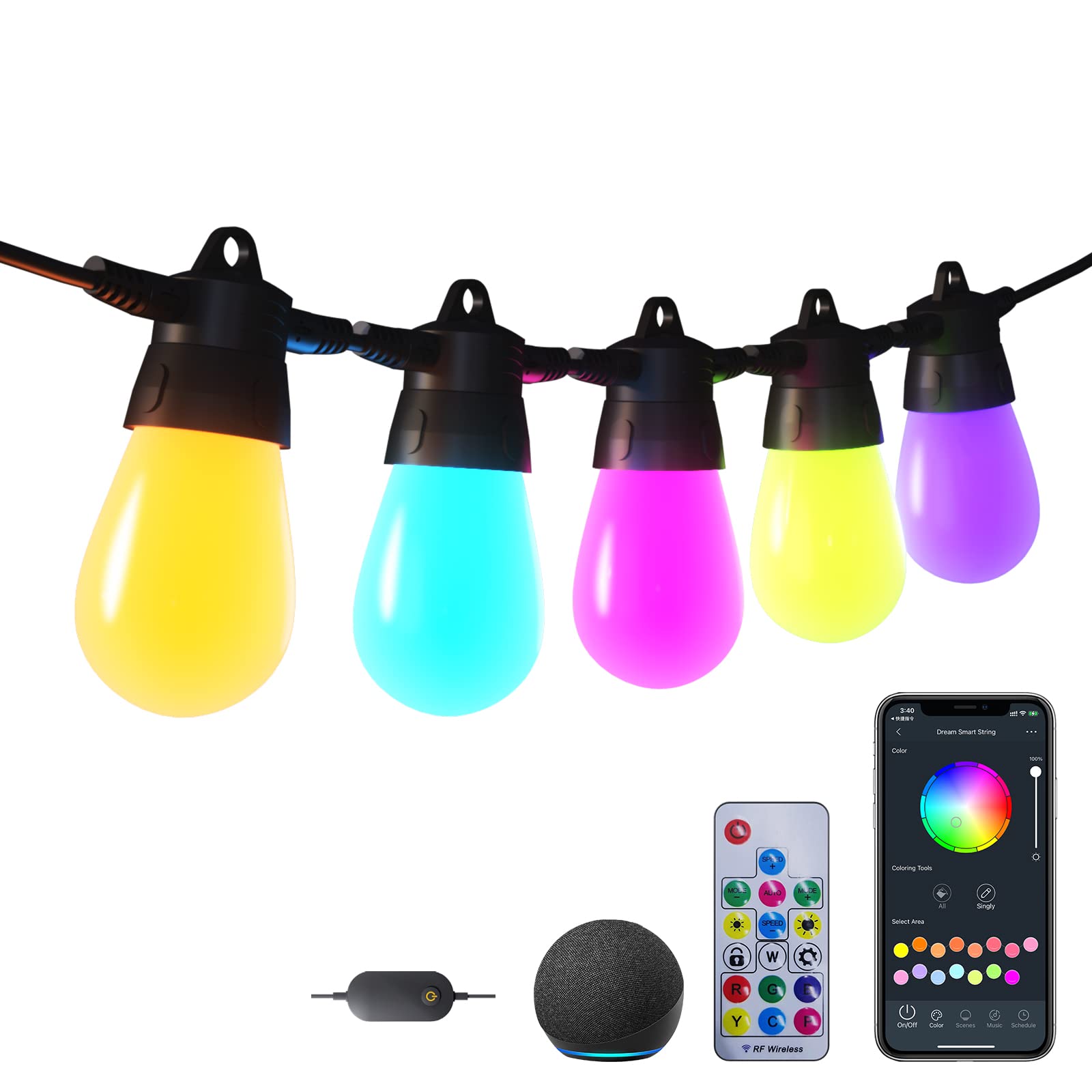 Smart Outdoor String Lights 48FT RGBIC Connectable - WiFi & Bluetooth Controlled LED Patio Lights with 15 S14 Bulbs by LUMIMAN - Perfect for Hanging on Balcony, Gazebo, Garden, and Backyard Decorations