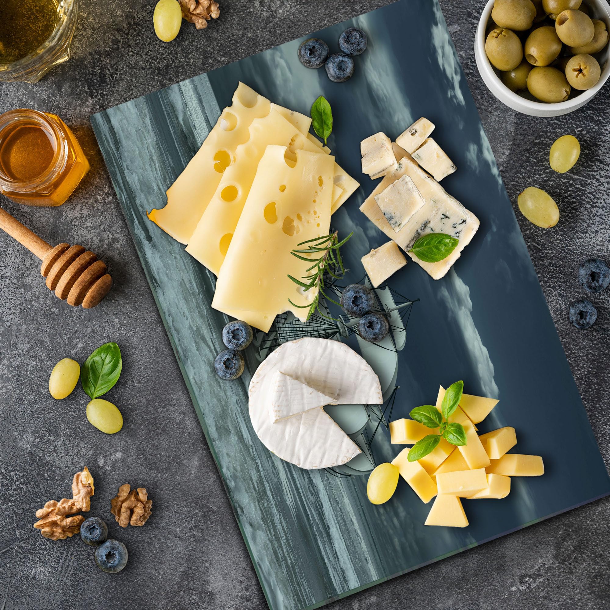 Ambesonne Decorative Tempered Glass Cutting Board - Caribbean Pirate Ship & Cloudy Sky Art Print - Large Blue Grey Serving Board for Kitchen, Charcuterie & Party Platter - Dishwasher Safe Glass Chopping Board for Cheese, Fruits & Entertaining